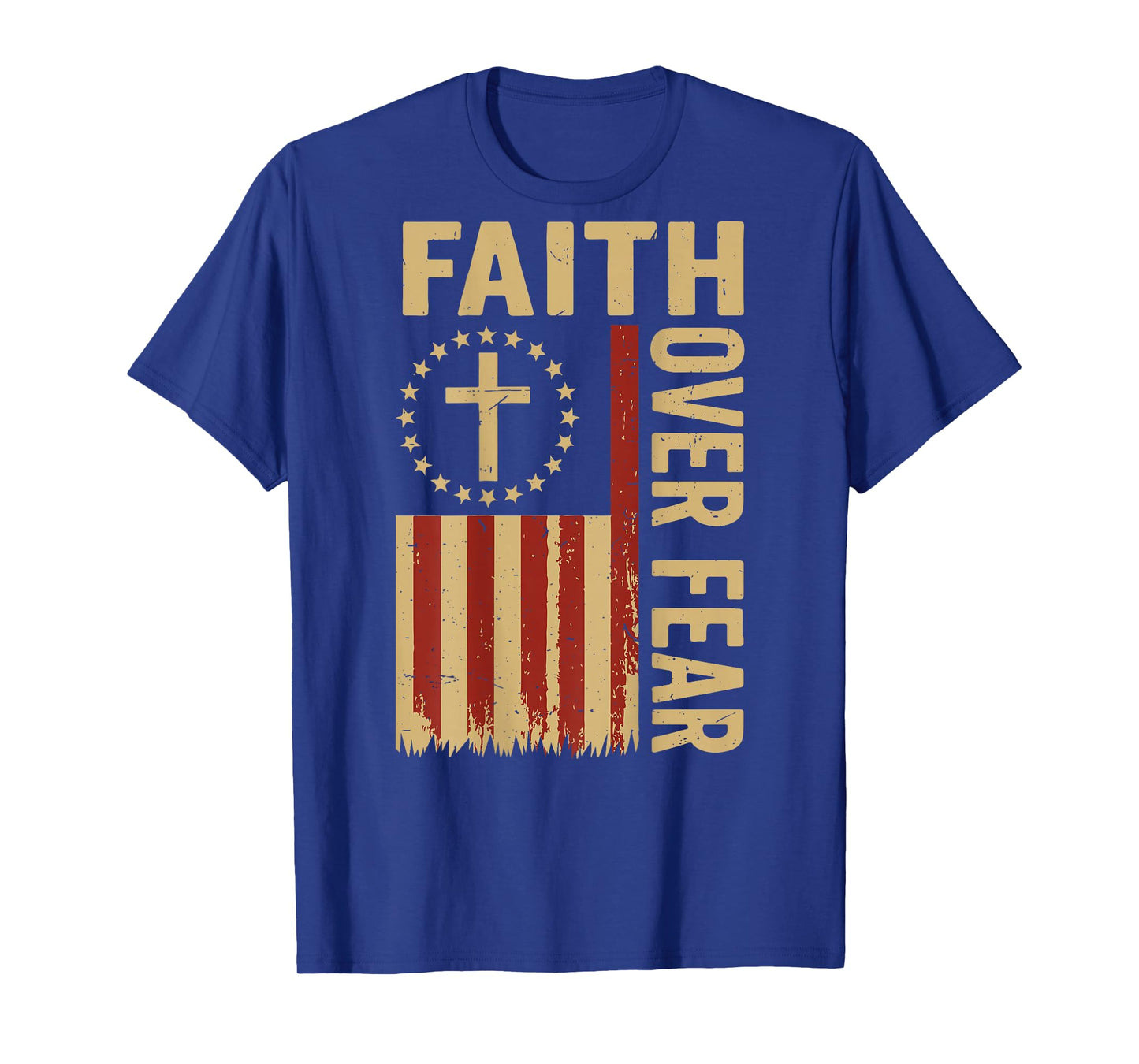 Mens Faith Over Fear Christian Patriotic American Flag Cross T-Shirt