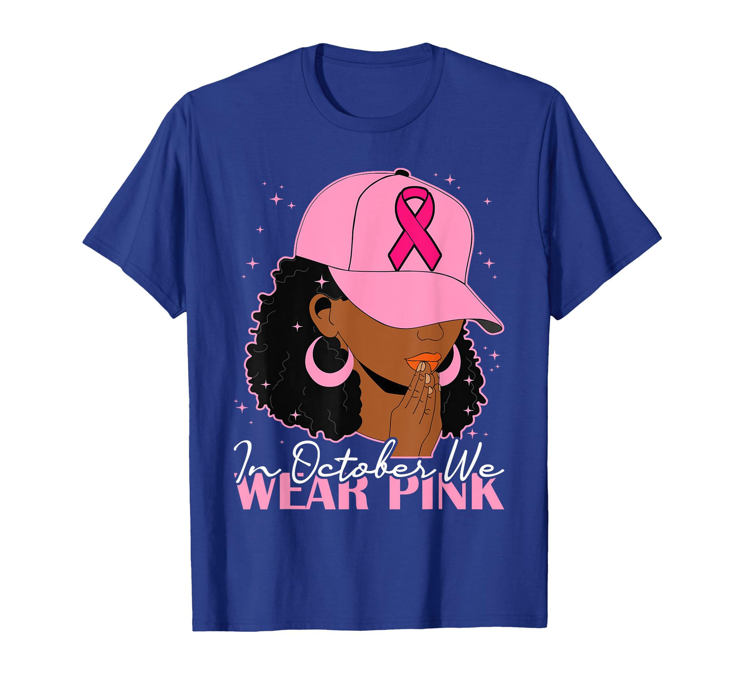 in October We Wear Pink Black Woman Afro Breast Cancer T-Shirt