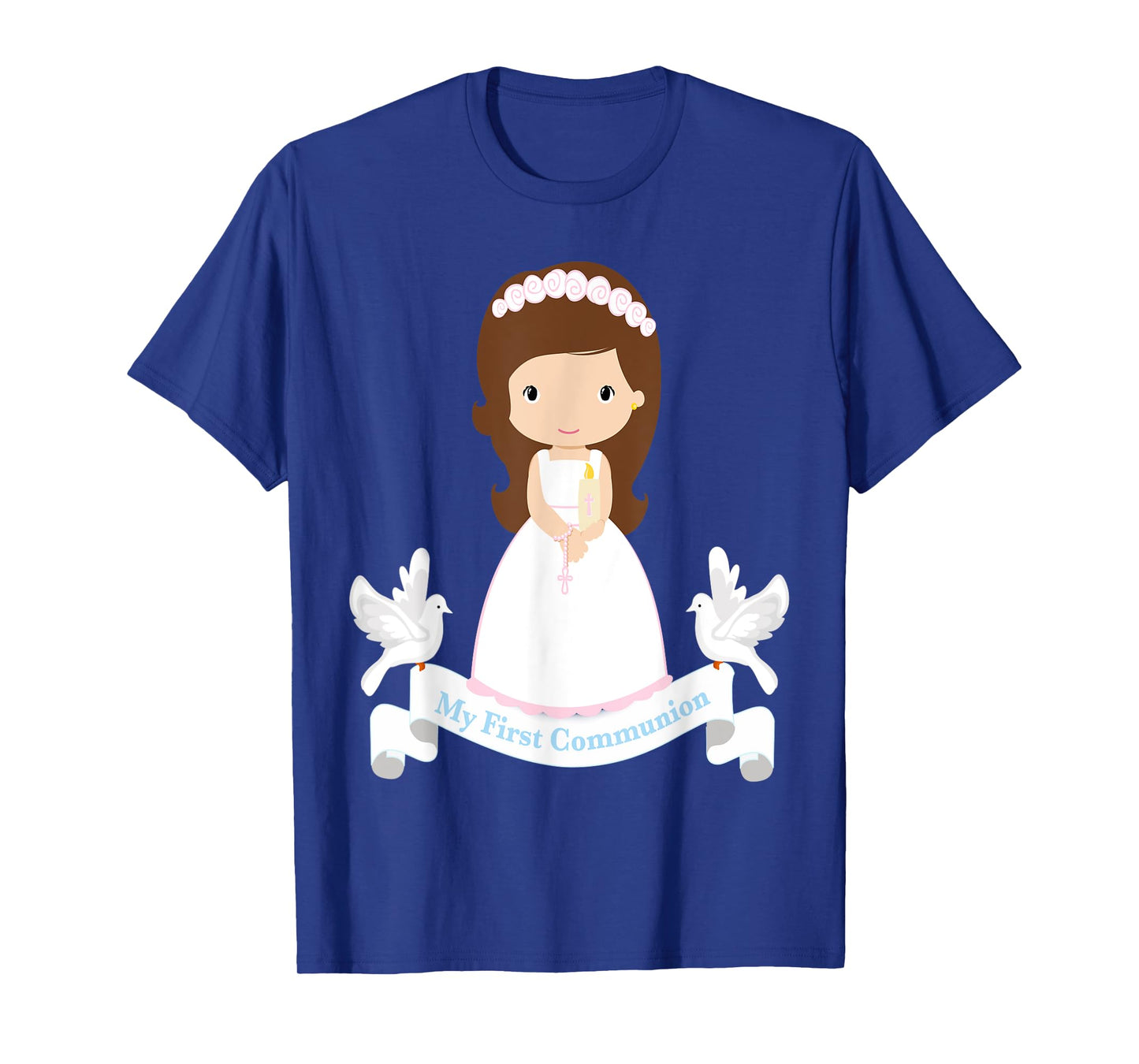First Communion Shirt Kids Rosary Girls Daughter Brown Hair T-Shirt