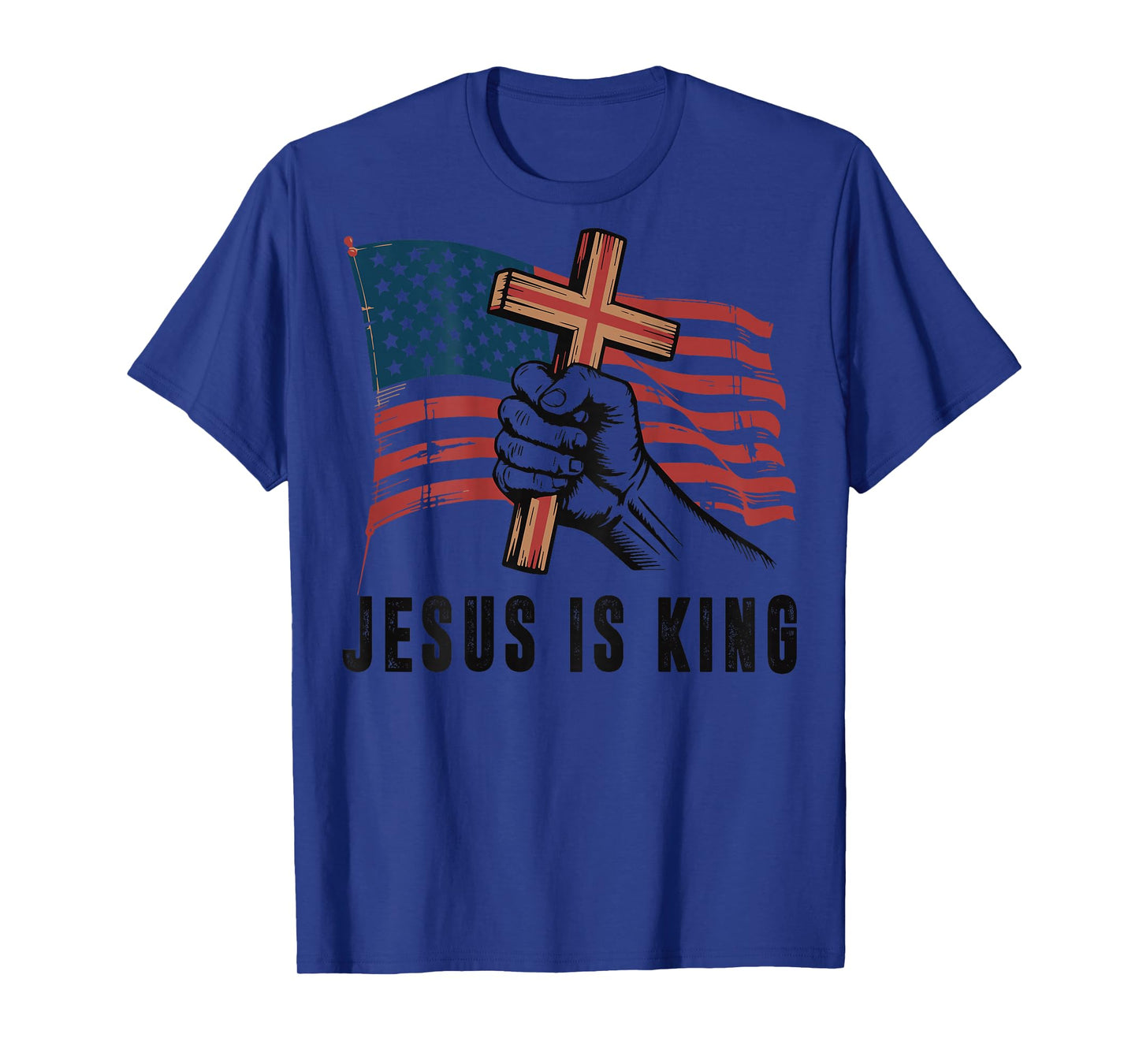 Mens Jesus is King American Flag Christian Patriotic Cross T-Shirt