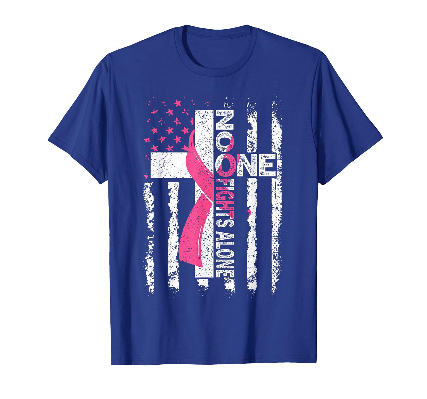 No One Fights Breast Cancer Alone Faith USA Flag Pink Ribbon T-Shirt