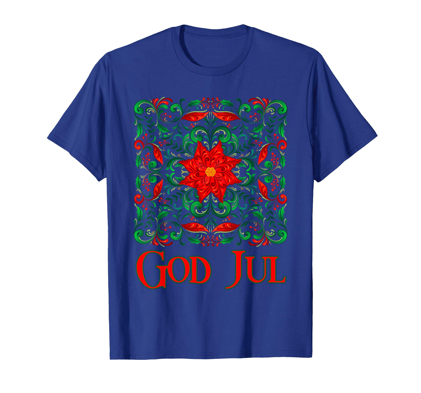 Norwegian Rosemaling God Jul Christmas Poinsettia Folk Art T-Shirt