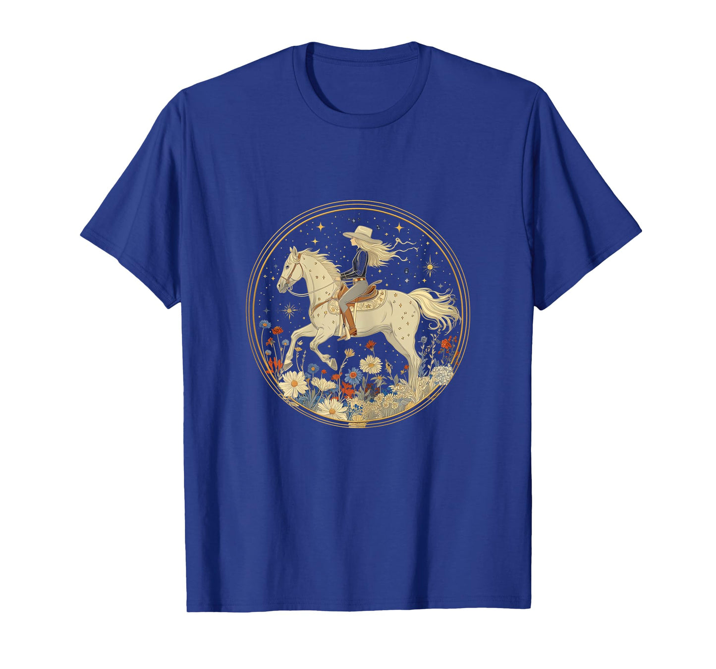 Cowgirl Riding Horse In Wildflower Field Floral Horse Girl T-Shirt