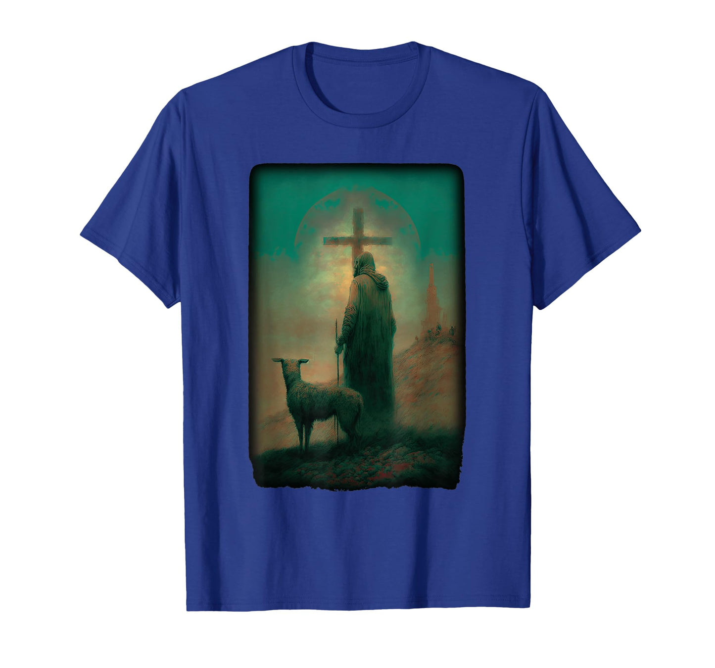 Biblical Jesus Lamb of God Sheep Shepard with Cross Old Art T-Shirt