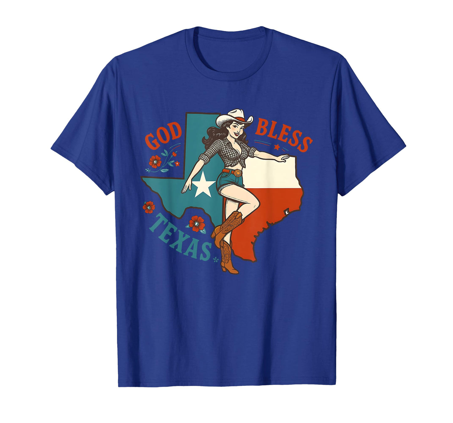 God Bless Texas Pin Up Cowgirl Retro Texas Map Western T-Shirt
