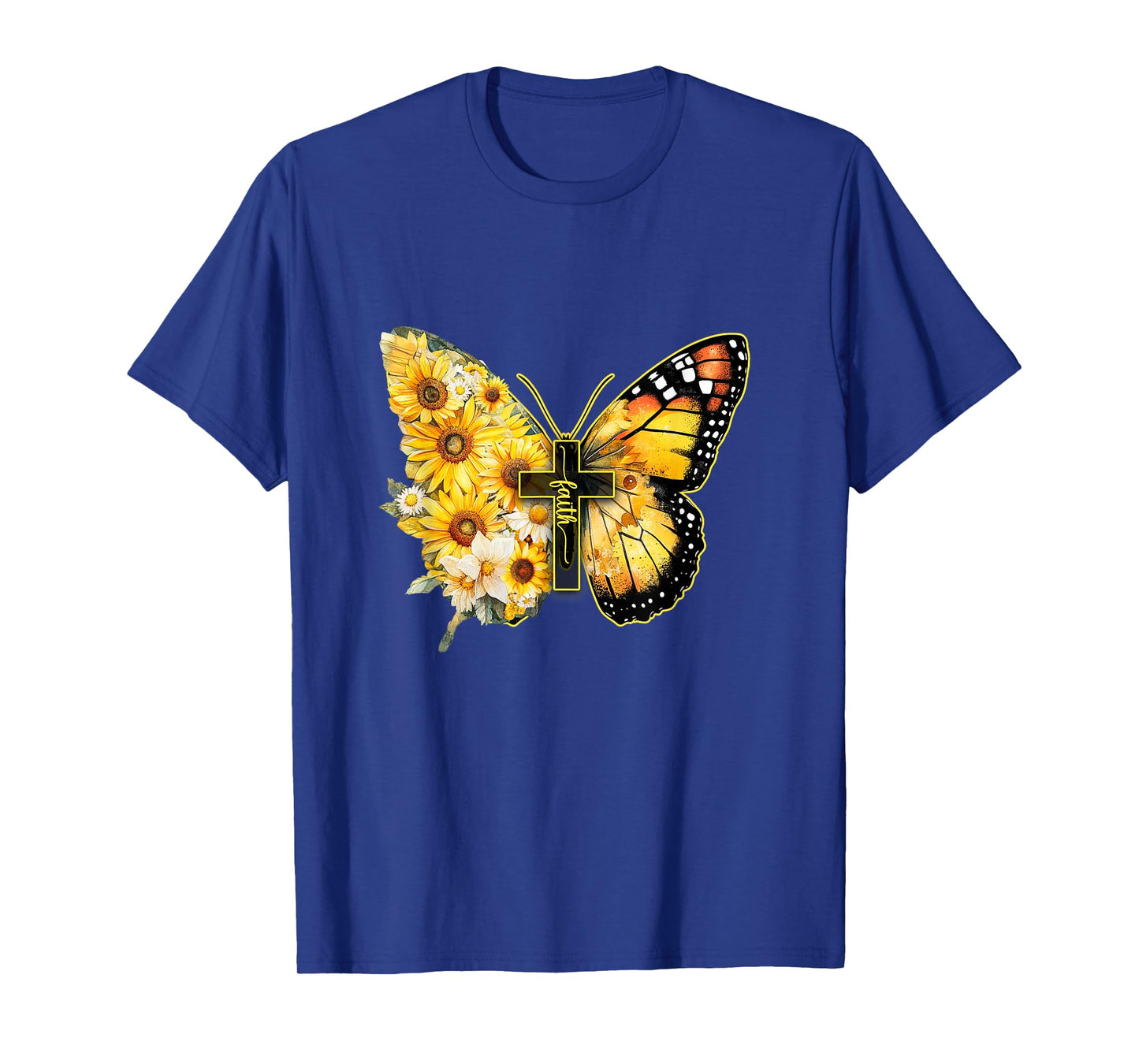 Faith Cross Sunflower Butterfly Christian Women Vintage T-Shirt