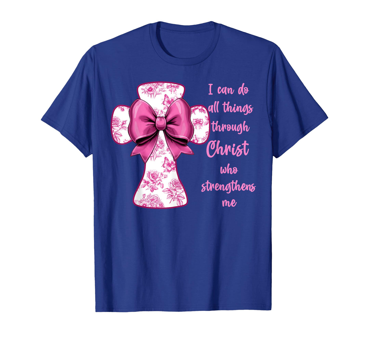 I Can Do All Things Through Christ Pink Toile Cross And Bow T-Shirt