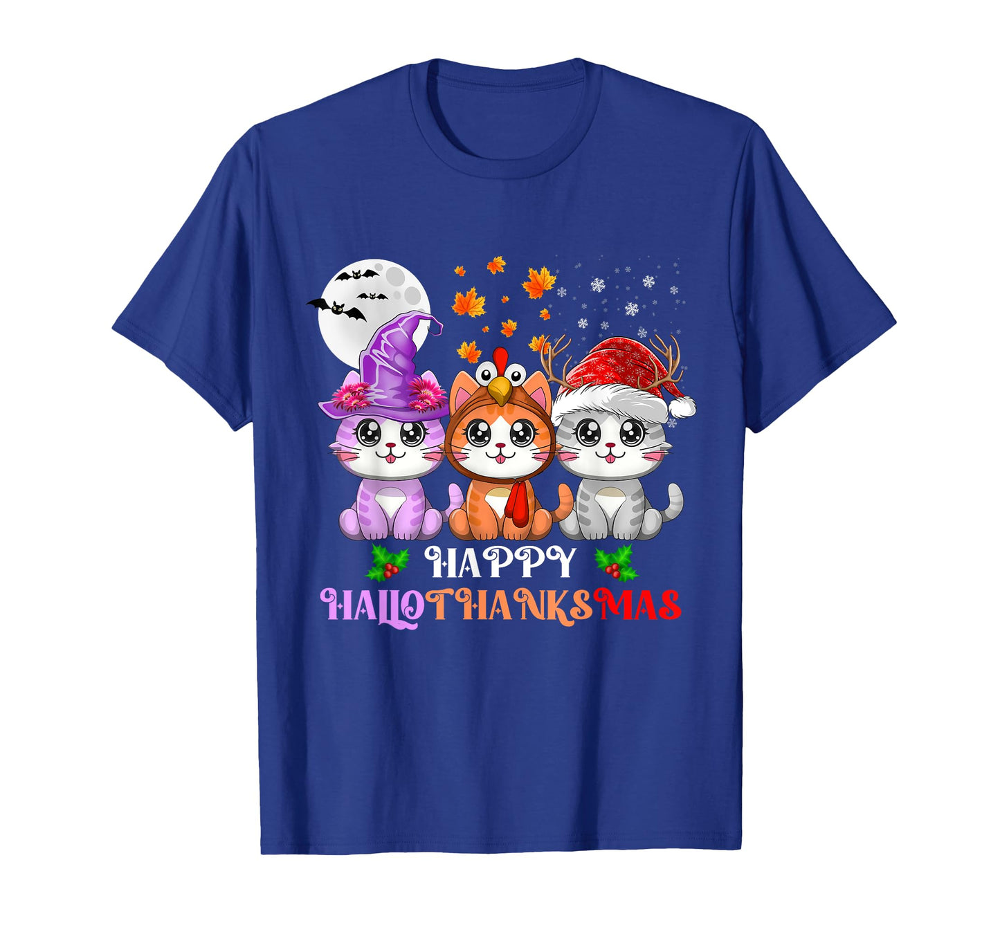 Happy HalloThanksMas Cats Halloween Thanksgiving Christmas T-Shirt