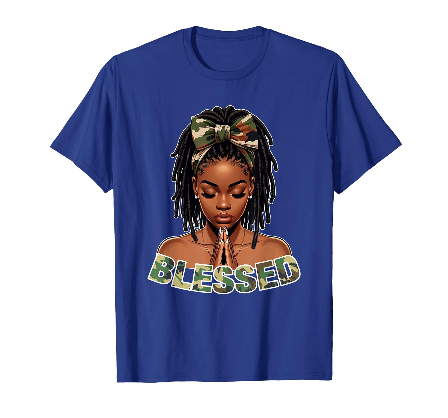 Praying Young Black Girl With Braids Locs Blessed Camo T-Shirt