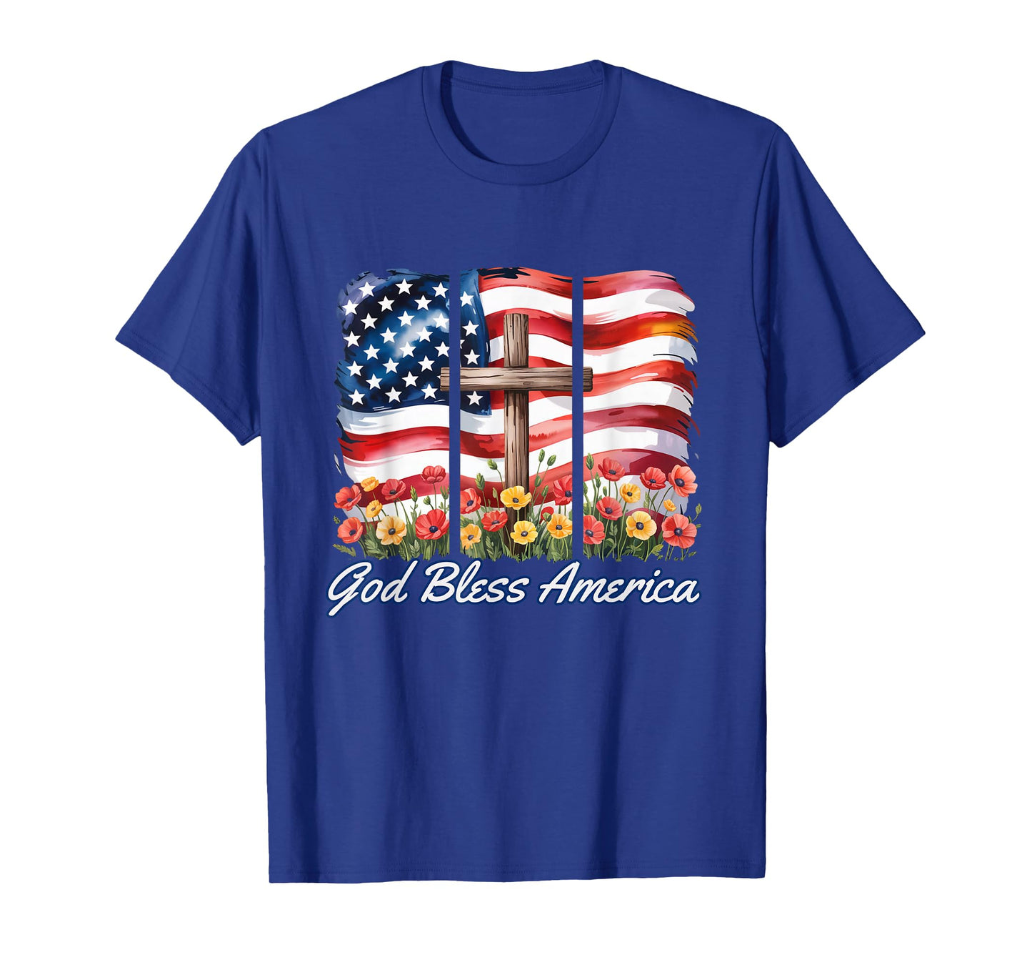 God Bless America Flag Cross Flowers Patriotic 4th of July T-Shirt