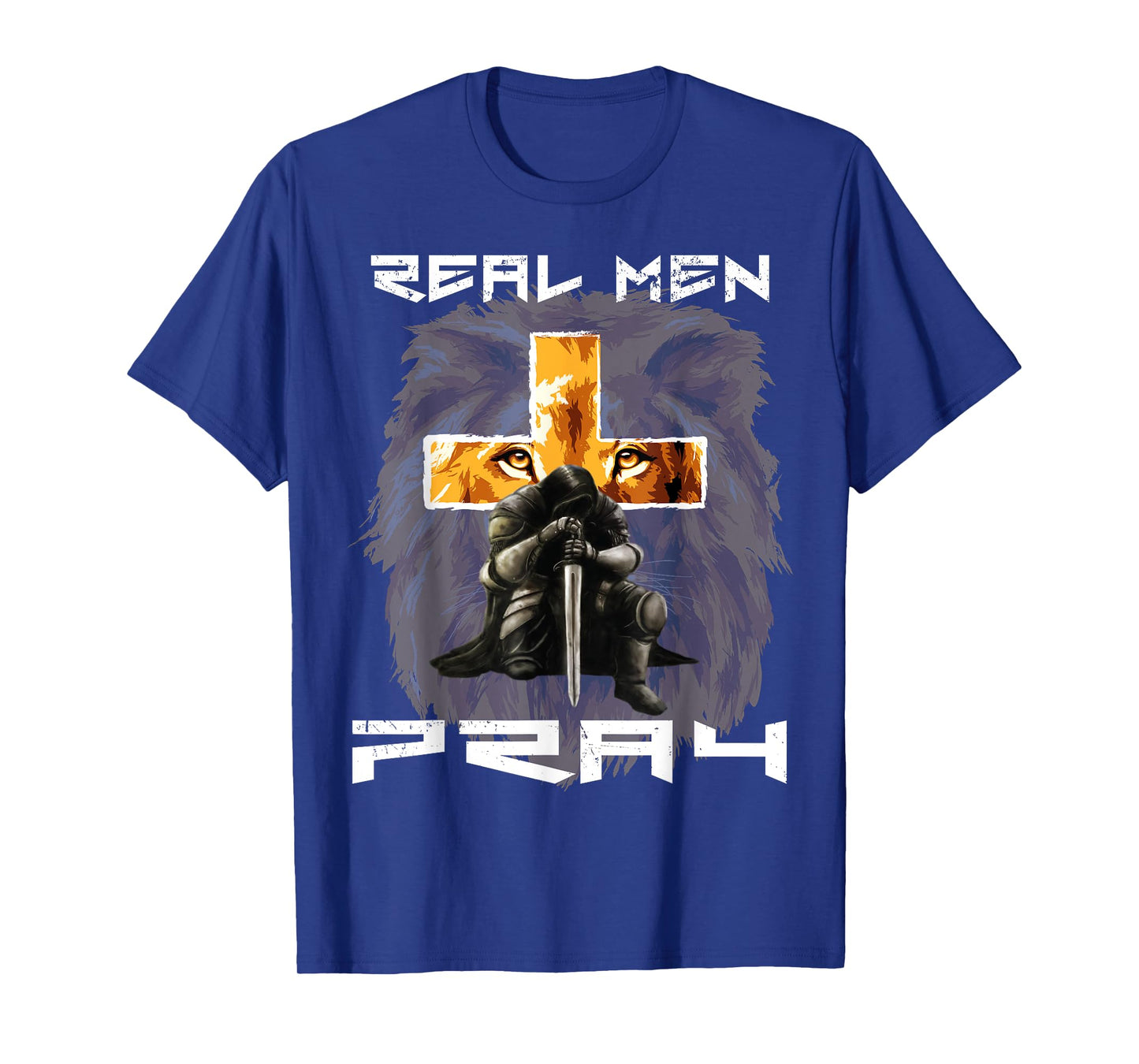 Real Men Pray Lion Judah Christian Religious Cross Graphic T-Shirt