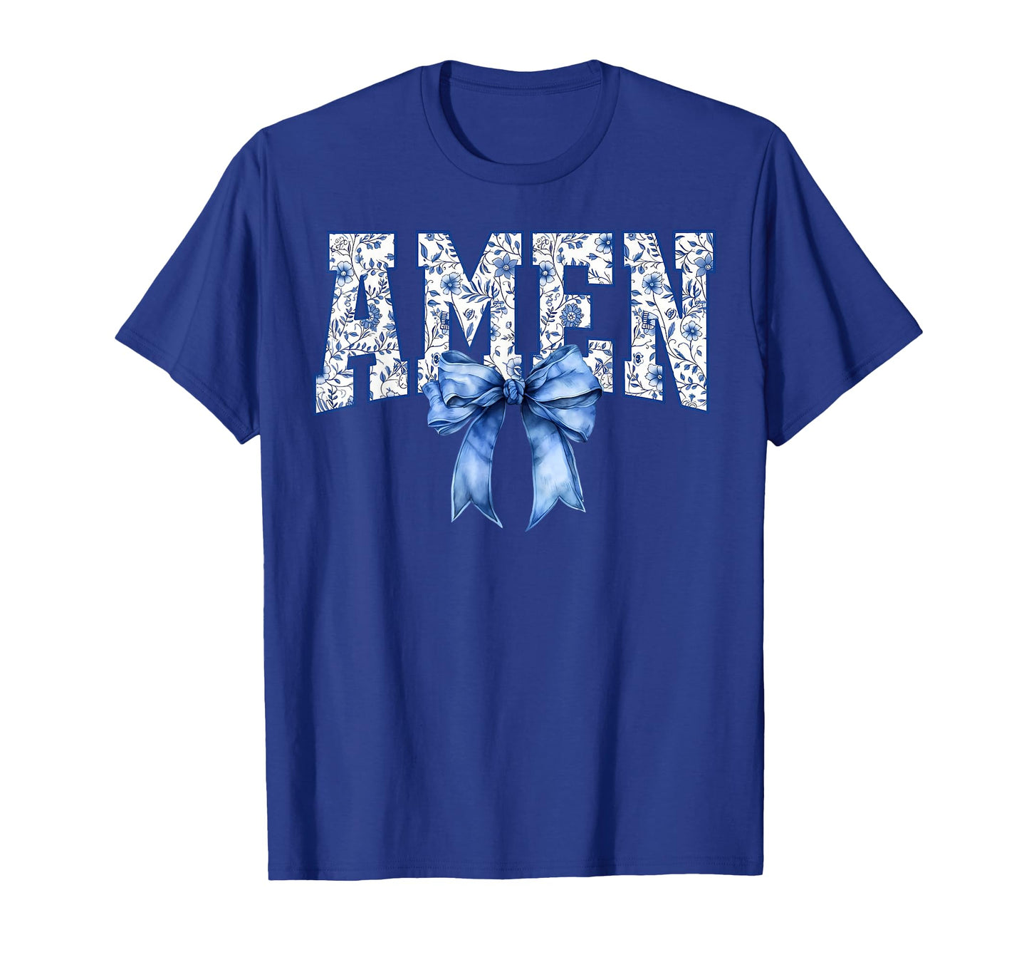 Amen Floral Toile Blue Coquette Bow Religious Faith Jesus T-Shirt