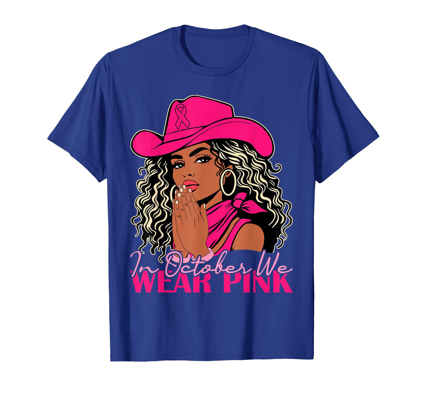 in October We Wear Pink Women Black Cowgirl Breast Cancer T-Shirt