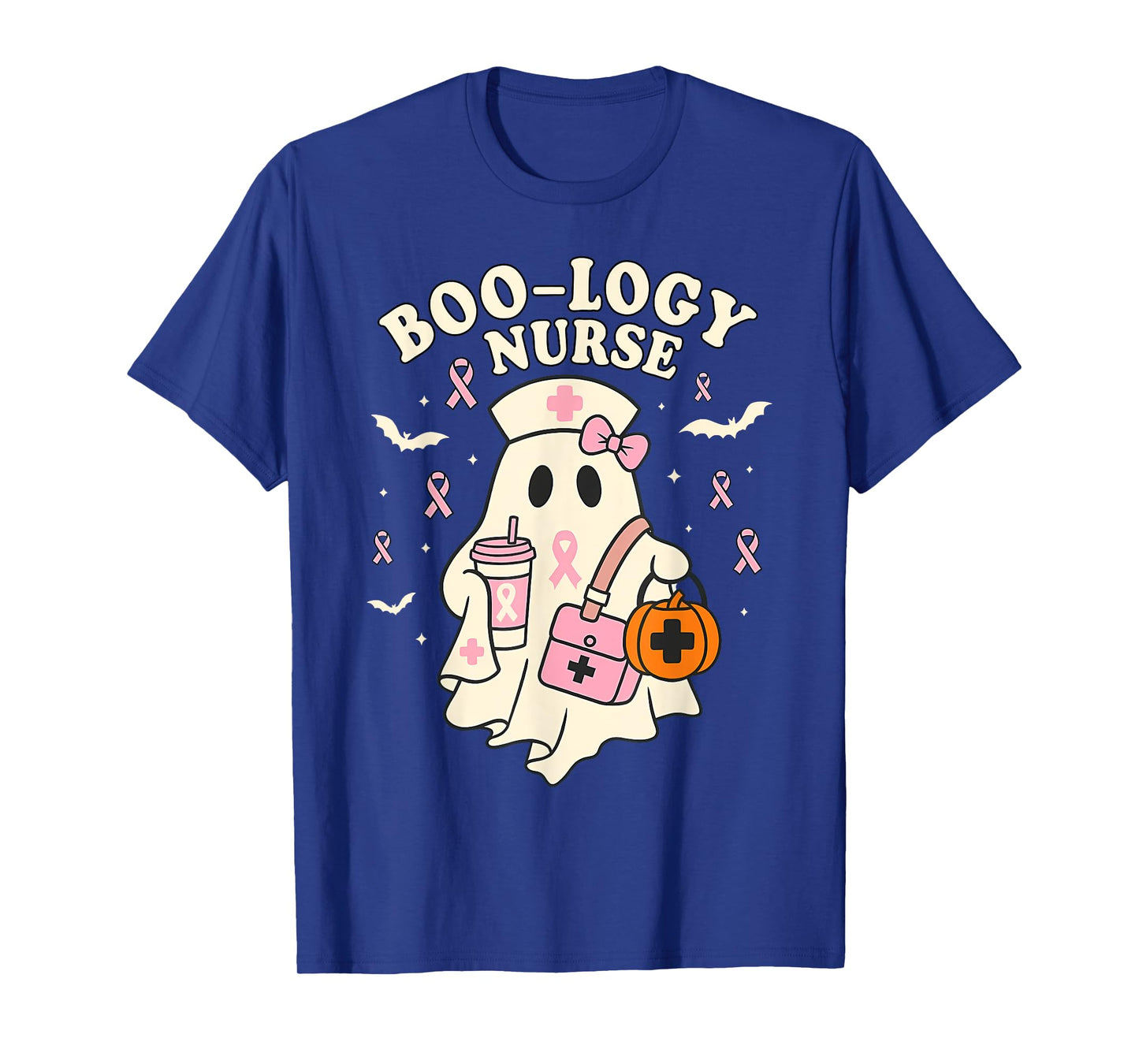 Boo-logy Nurse Ghost Halloween Breast Cancer Awareness T-Shirt