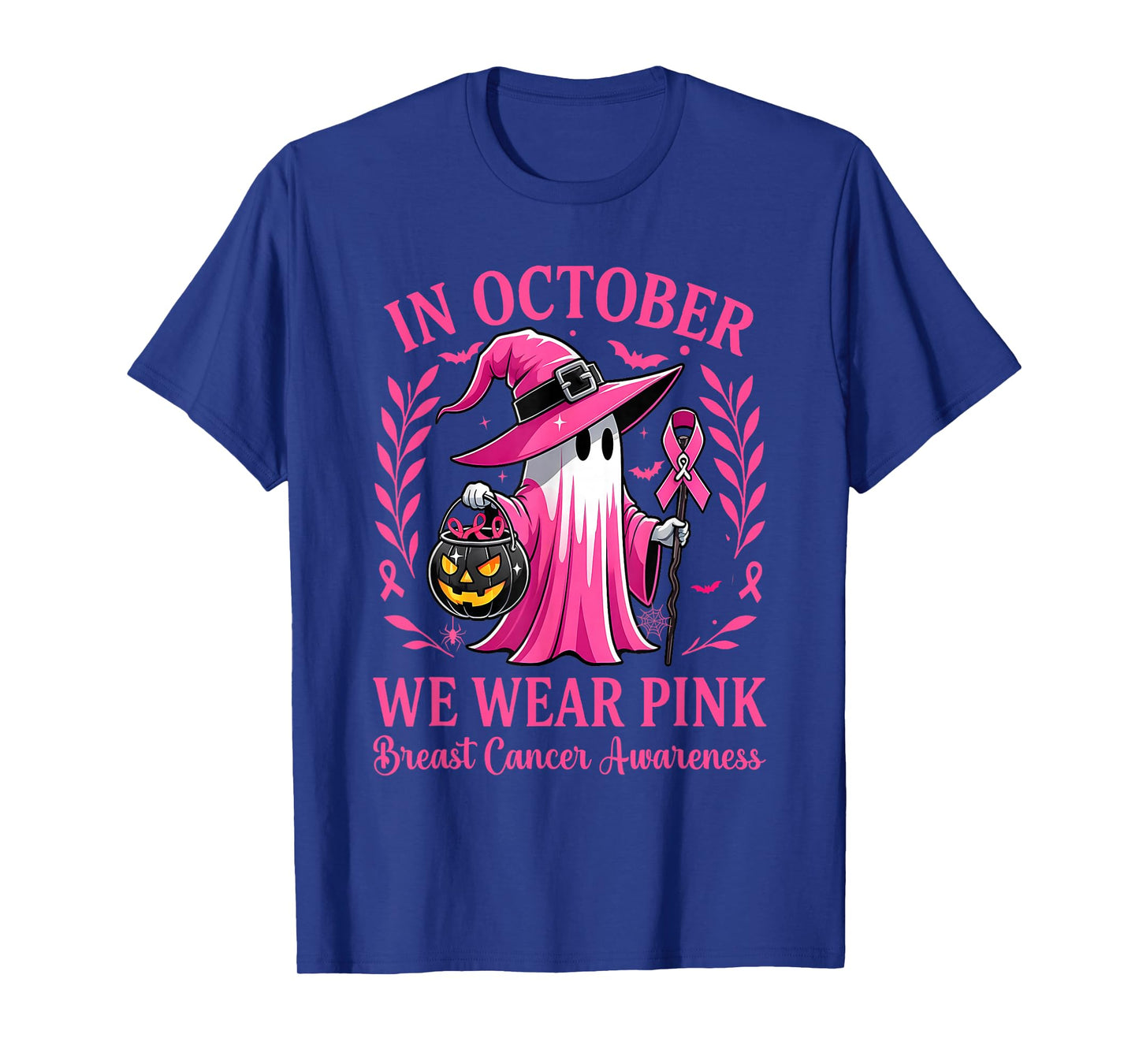 Halloween Pink Ghost Witch Breast Cancer Awareness Women T-Shirt