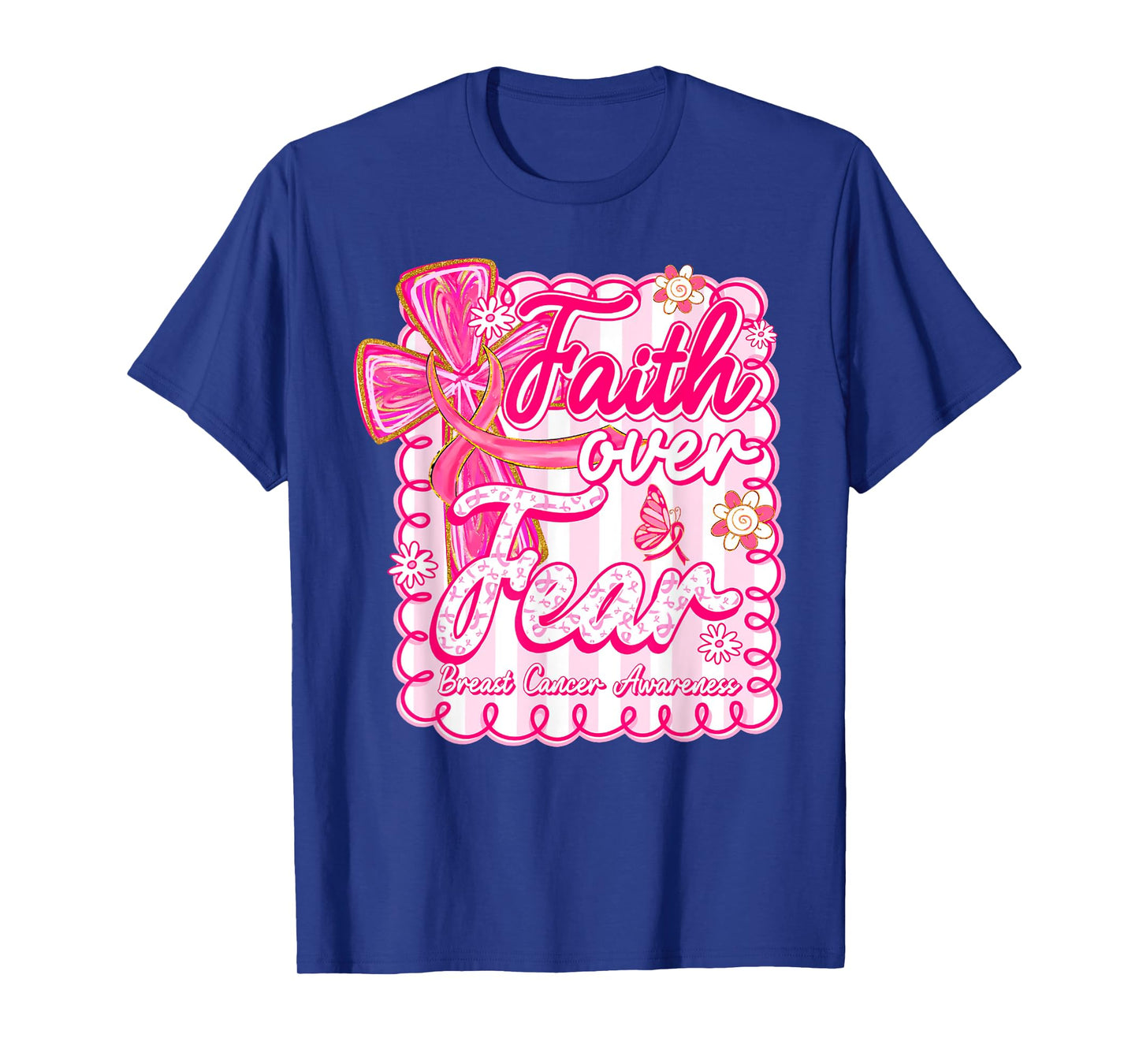 Faith Over Fear Coquette Bow Plaid Breast Cancer Awareness T-Shirt