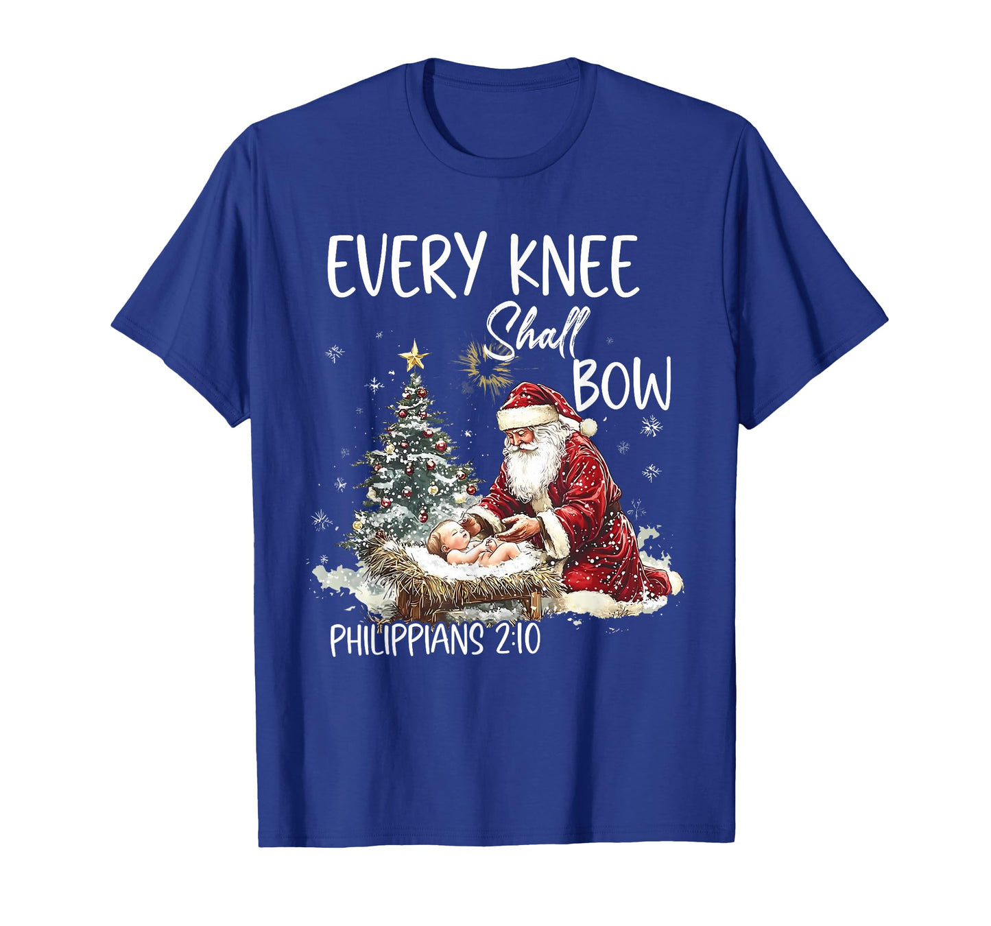 Vintage Every Knee Shall Bow Santa Clause Religious Xmas T-Shirt