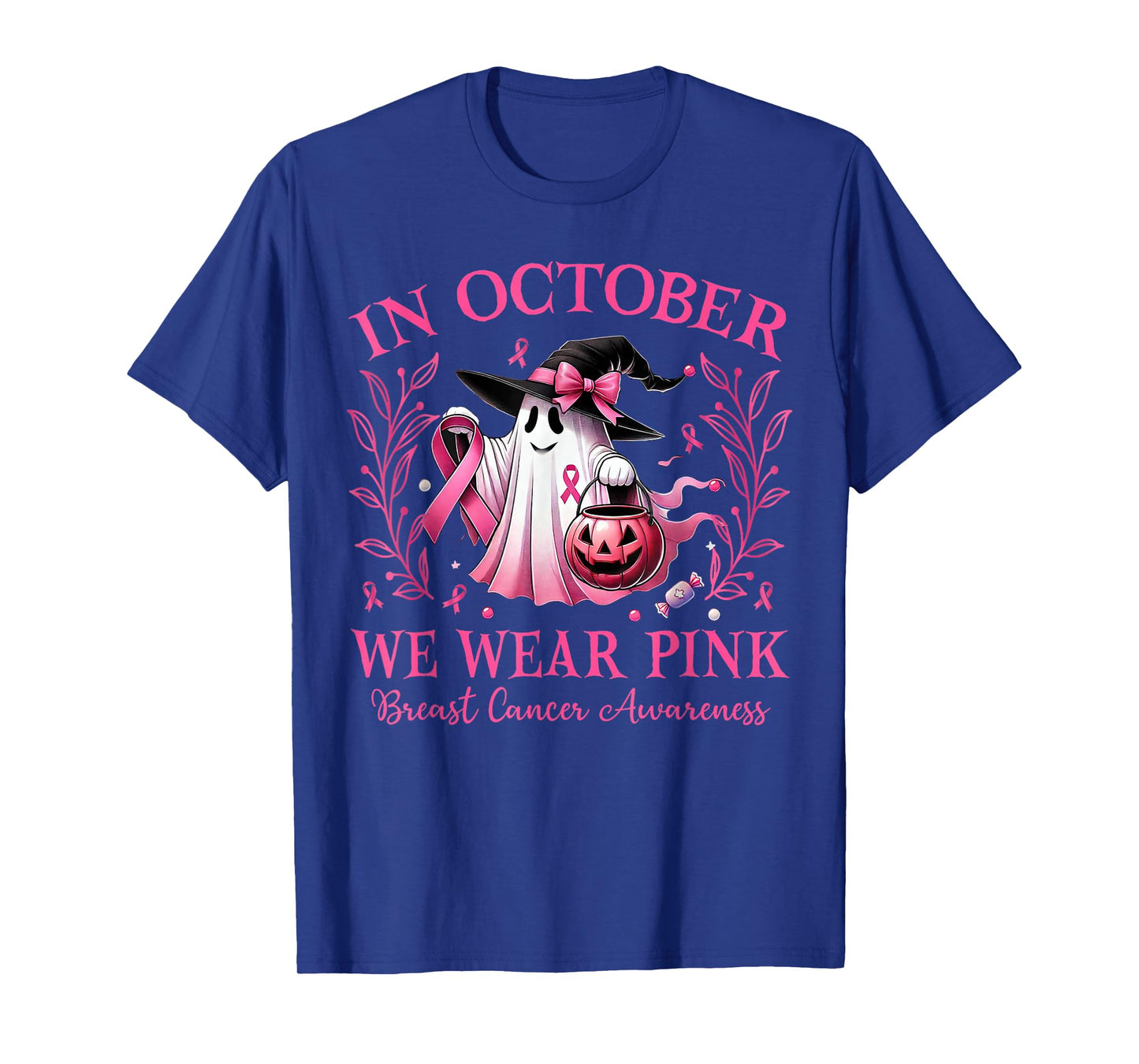 in October We Wear Pink Ghost Witch Breast Cancer Awareness T-Shirt