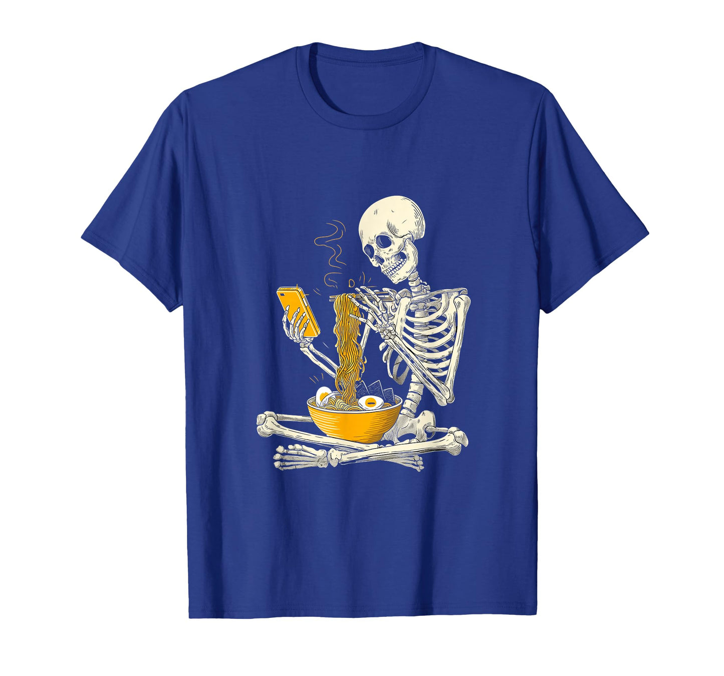Funny Skeleton Eat Ramen Noodles Scroll Phone Halloween T-Shirt