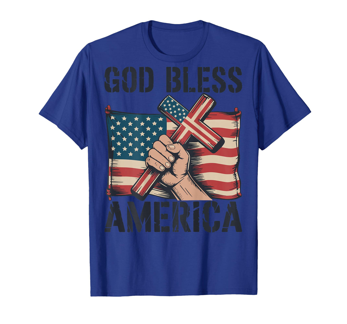 Mens God Bless American Flag Christian Patriotic Cross Jesus T-Shirt