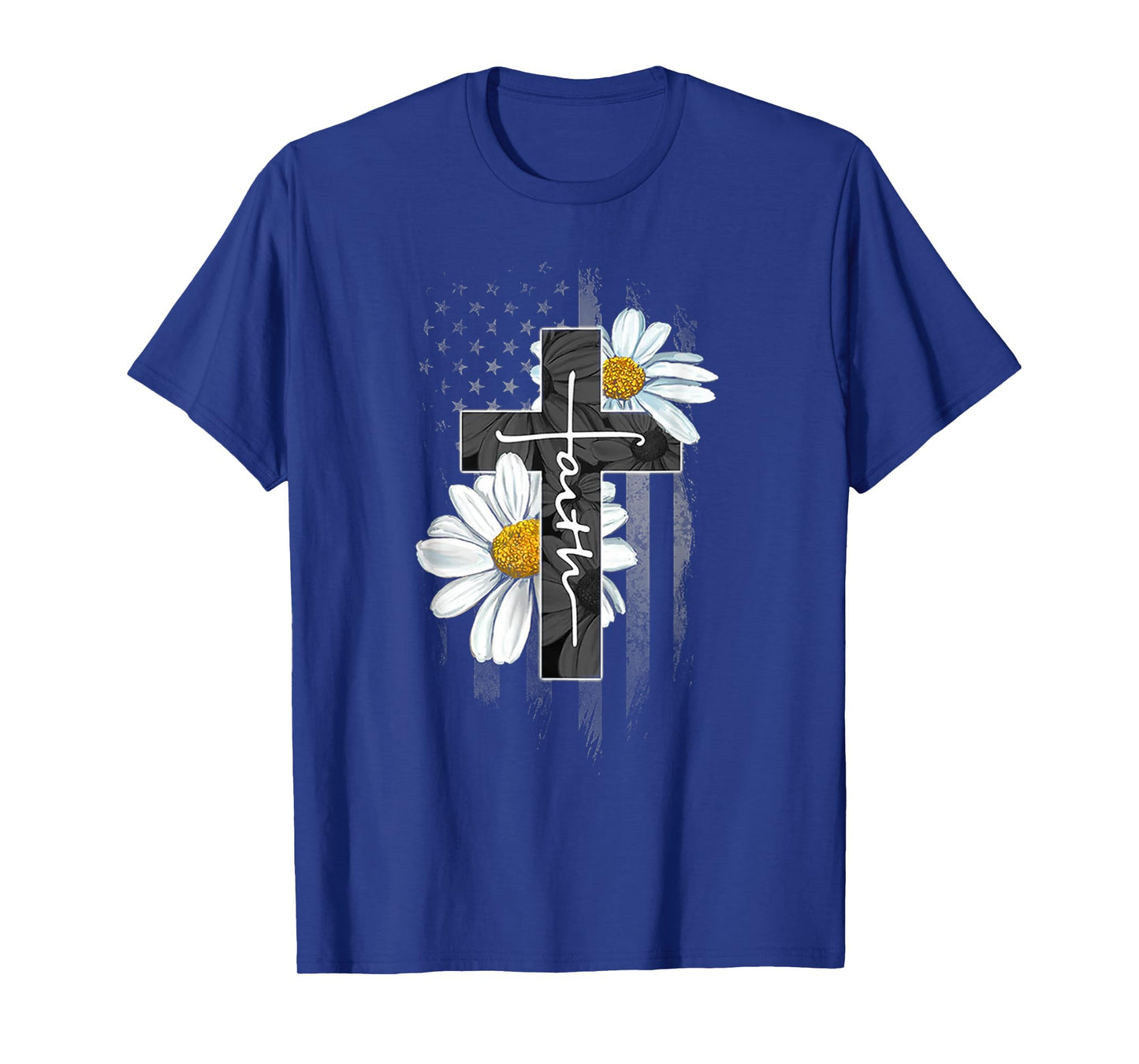 Faith Cross Christian Daisy Flower American Flag T-Shirt for Women Men