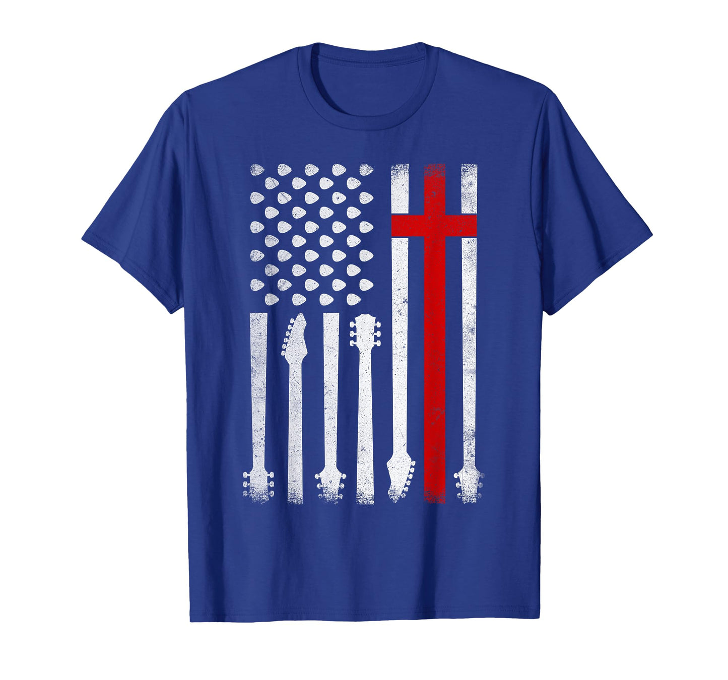 Vintage Guitar Cross US Flag Patriotic Christian Worship Women Kids Men T-Shirt