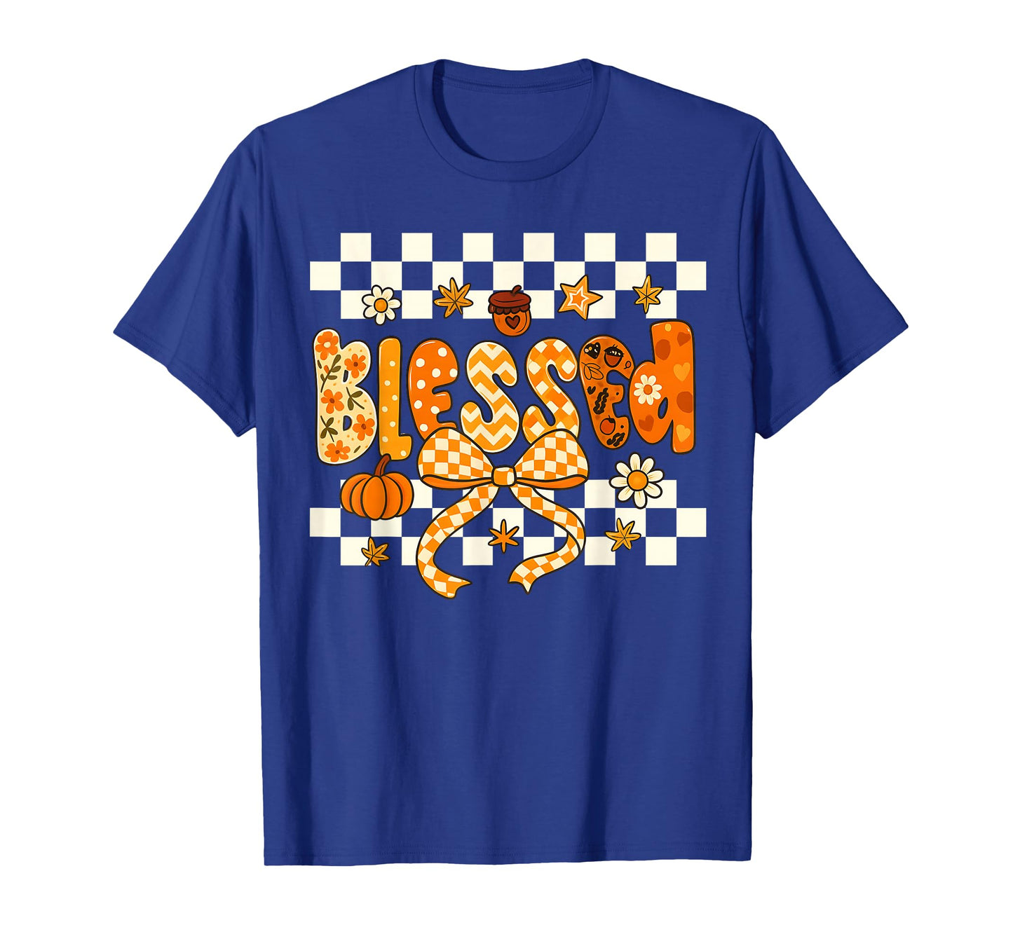 Blessed Checkerboard Pumpkin Autumn Christian Fall Thankful T-Shirt