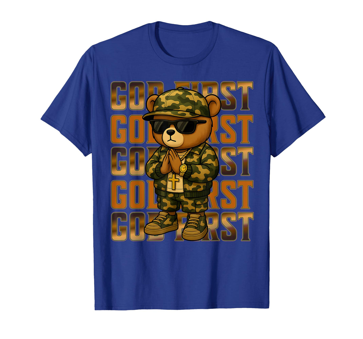 God First Camo Hip Hop Teddy Bear Christian Streetwear Men's T-Shirt