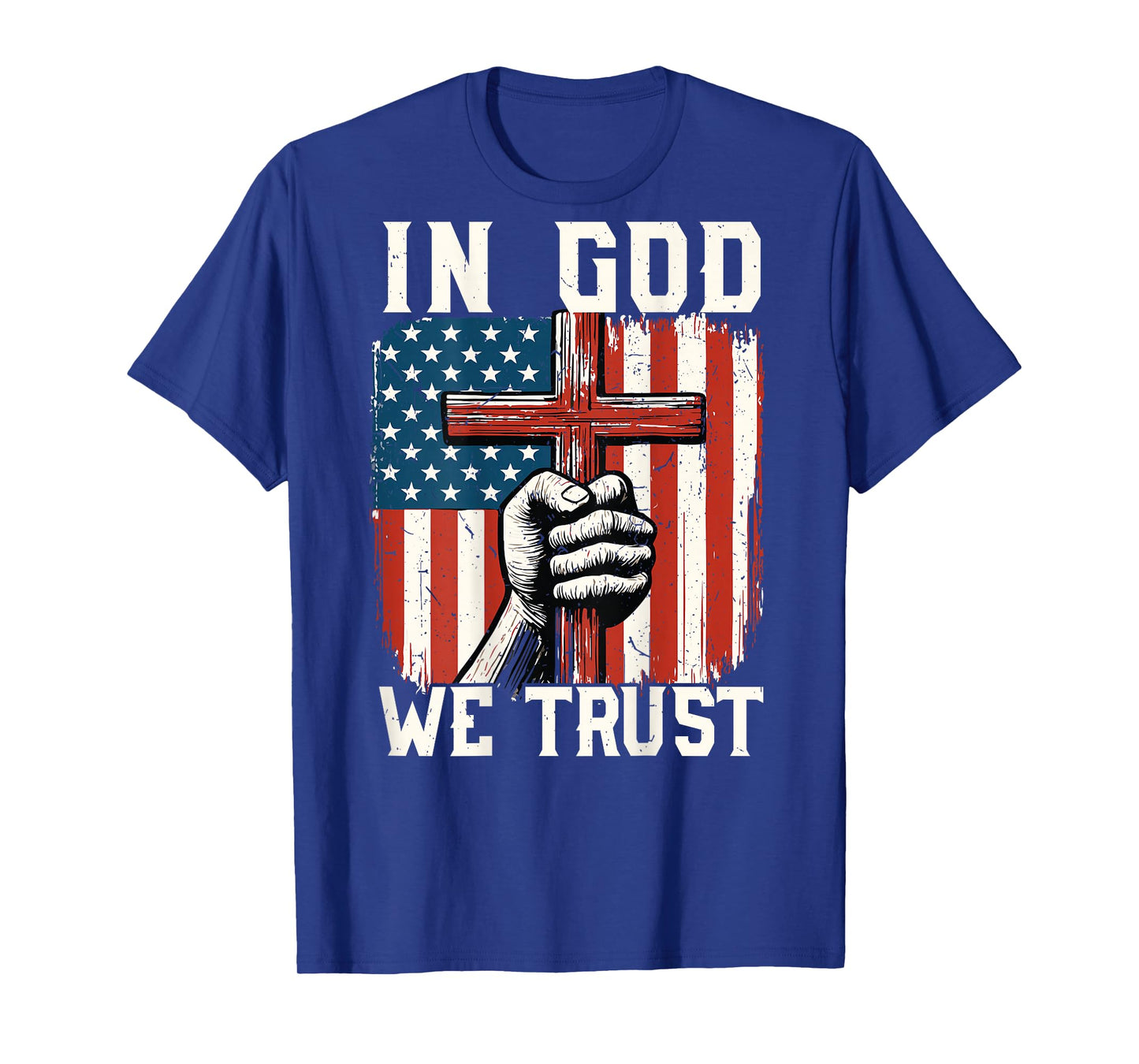 On-Back in God We Trust Patriotic Christian Faith Cross Flag T-Shirt