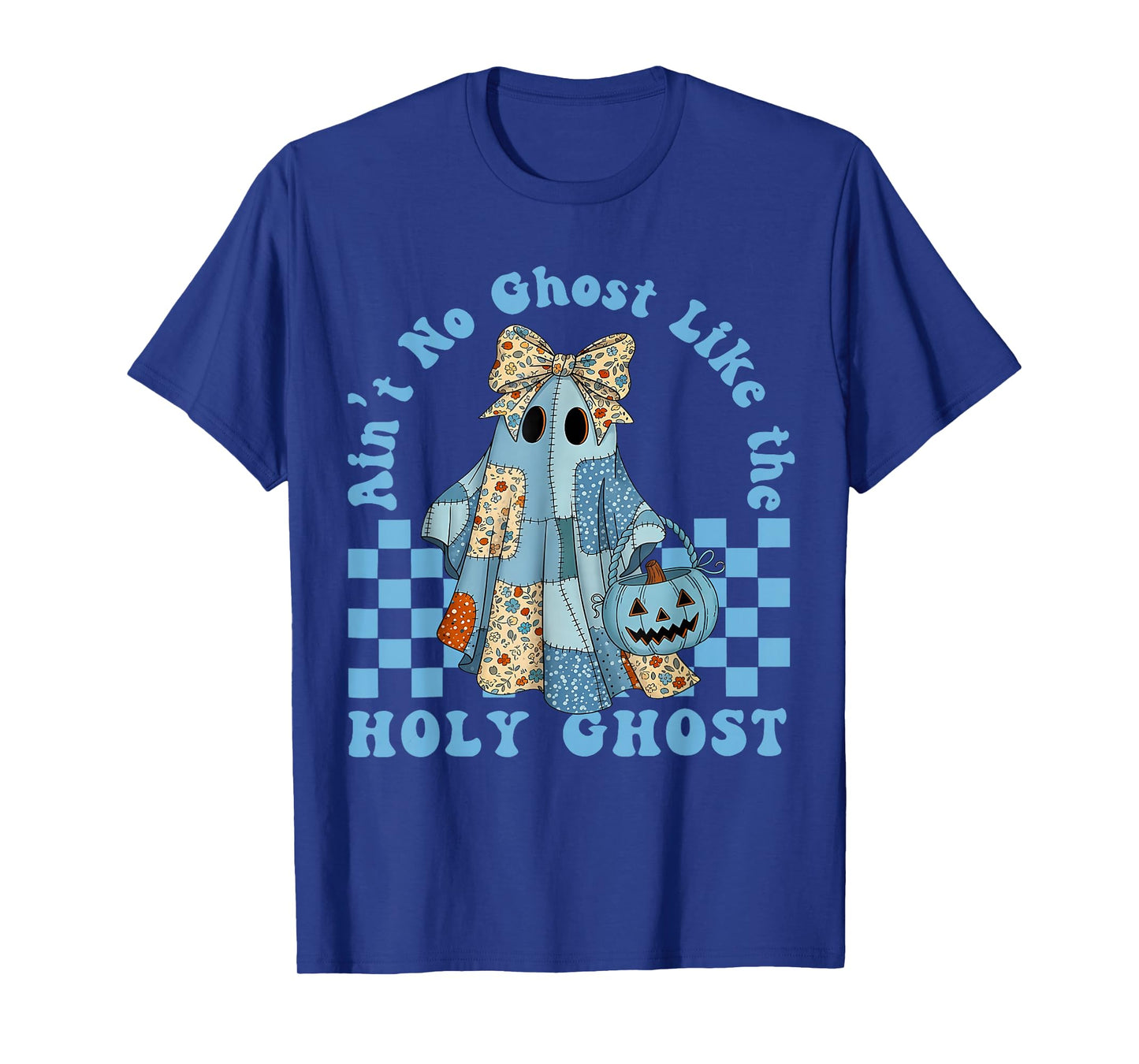 Aint No Ghost Like The Holy Ghost Blue Denim Patchwork Ghost T-Shirt