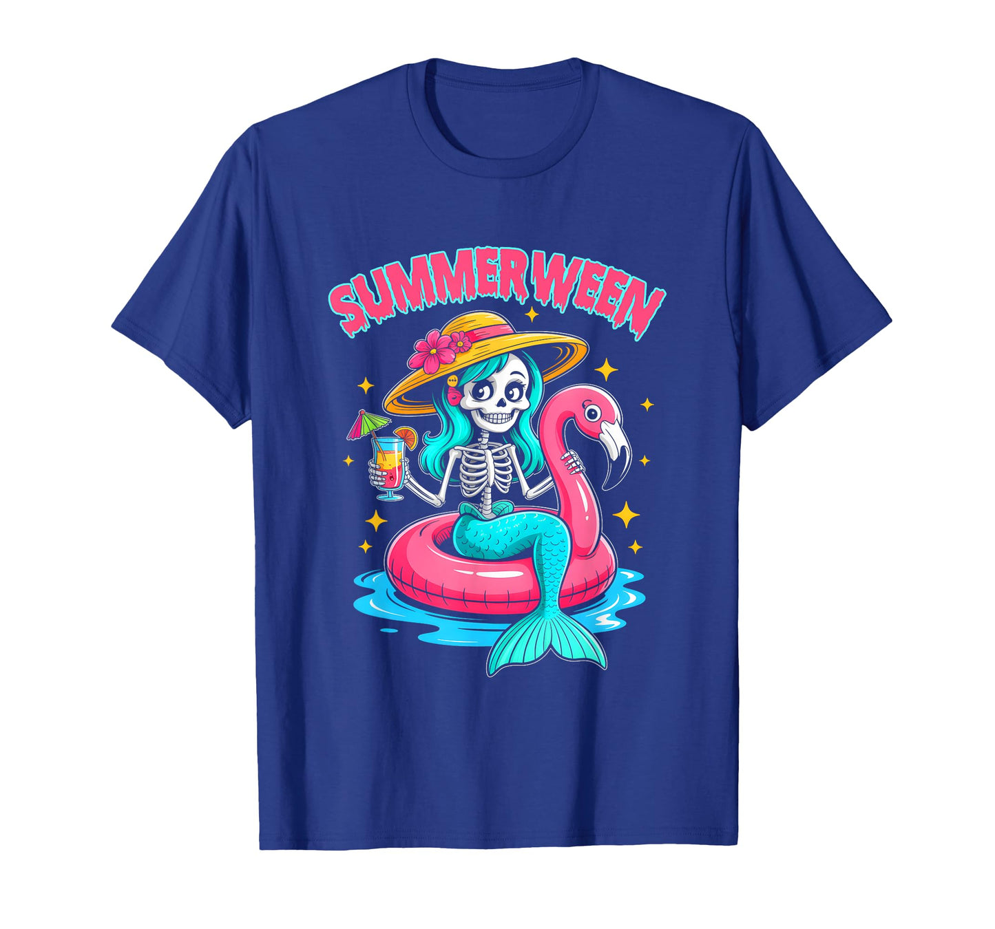 Summerween Mermaid Skeleton Halloween Flamingo Summer Vacay T-Shirt