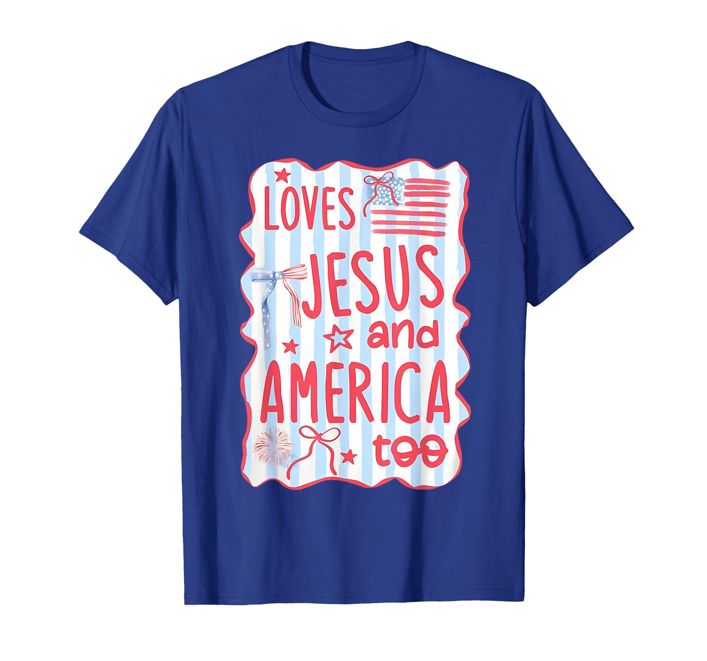 Coquette Bow Loves Jesus And America Too 4th Of July Womens T-Shirt