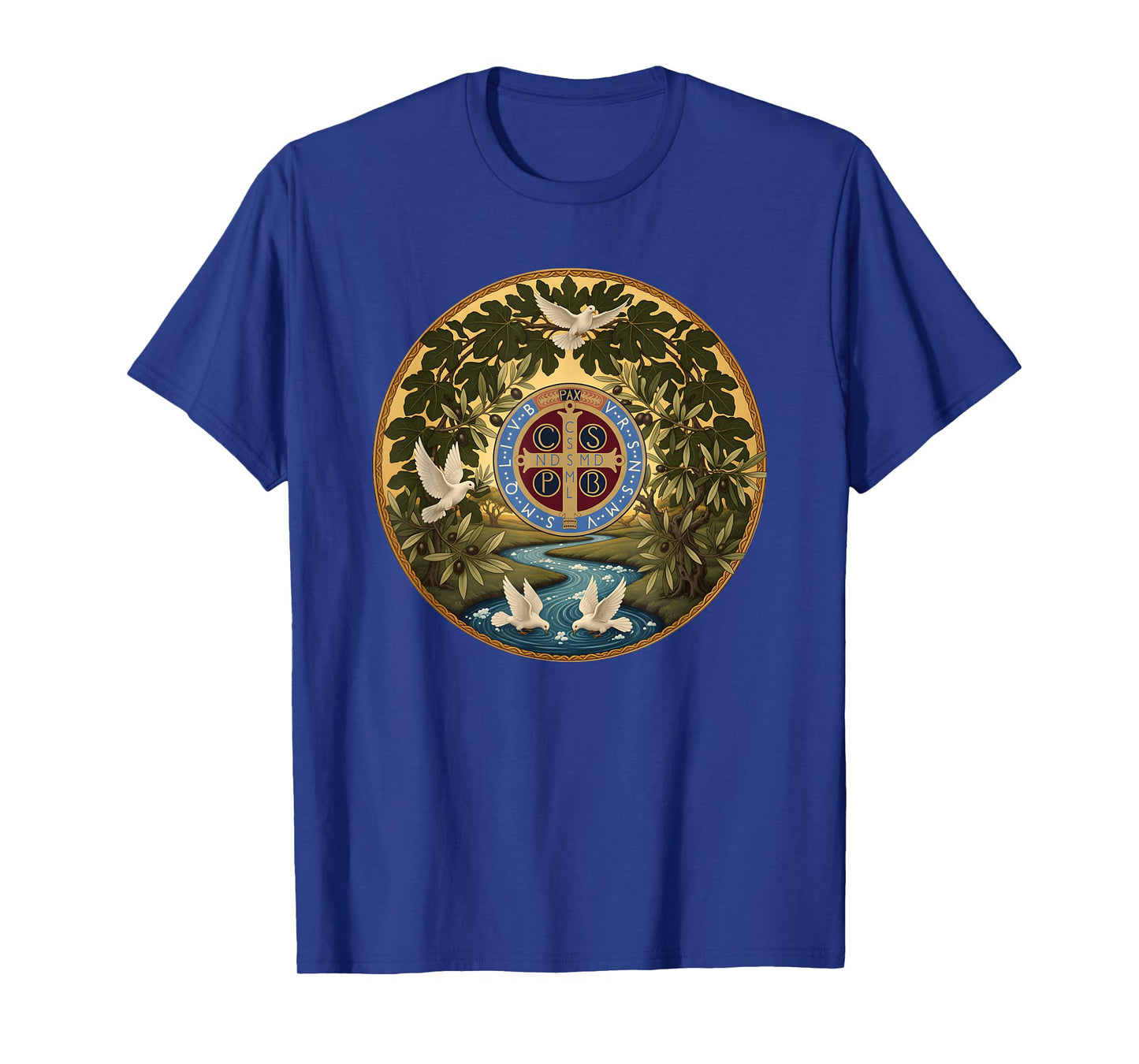 Sacred Saint Benedict Medal River Dove Fig Tree T-Shirt