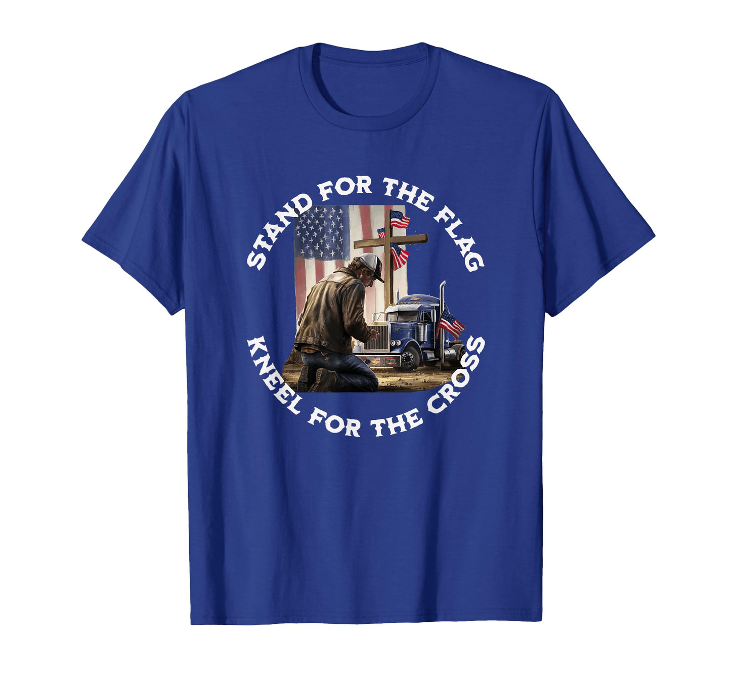 American Trucker Praying At The Cross & US Flag Christian T-Shirt