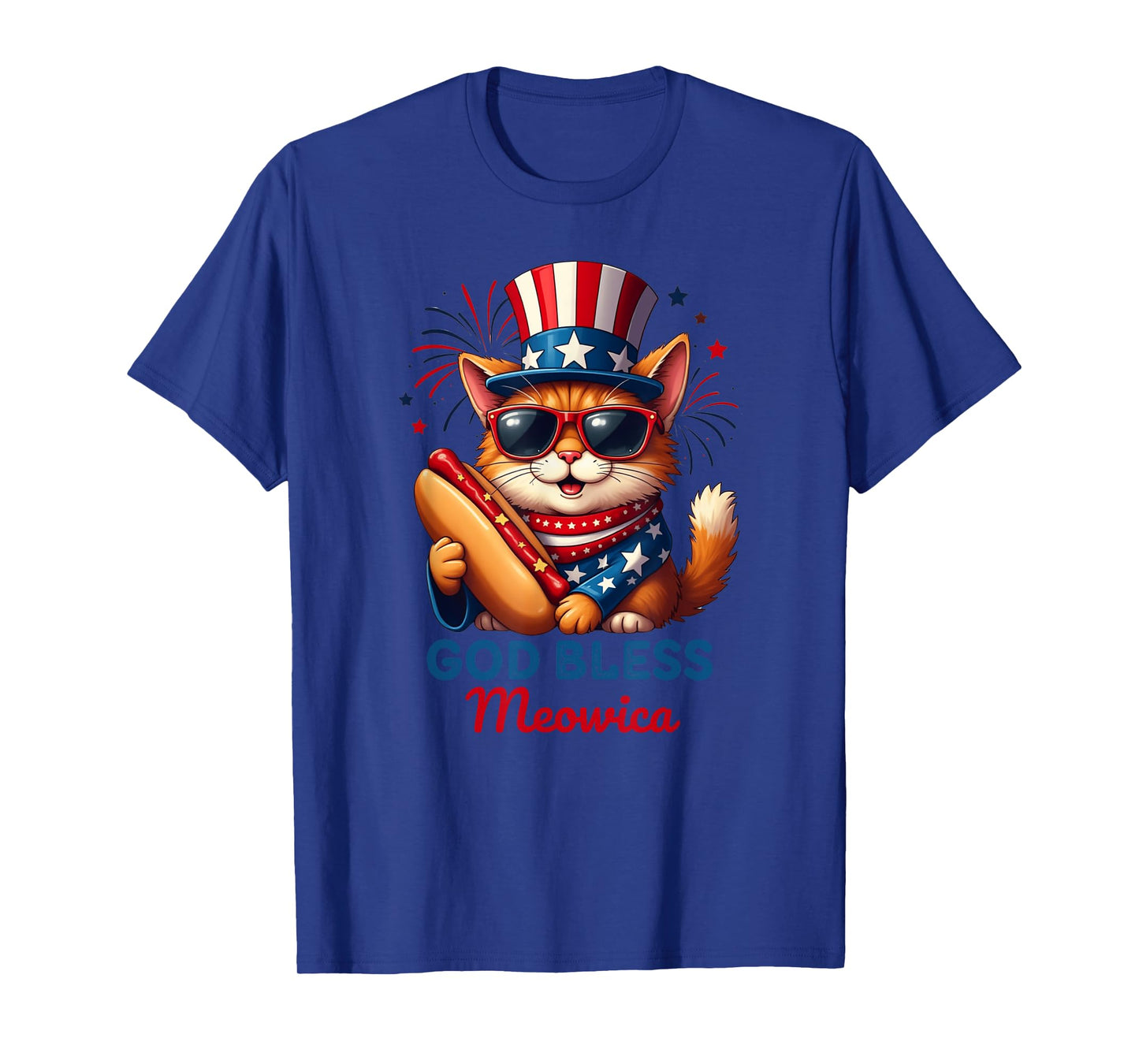 4th of July Hotdog Cat Funny Patriotic Cat USA Flag MEOWICA T-Shirt for Men Women Kids