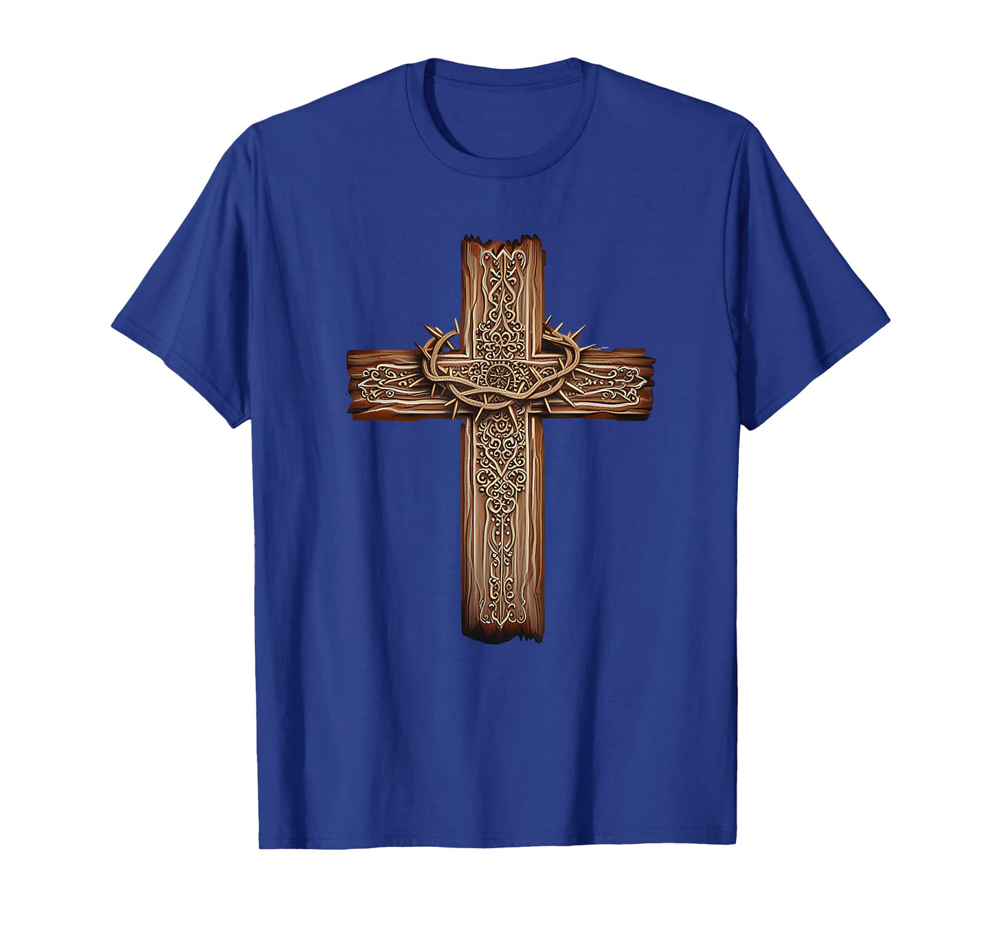 Rustic Wooden Cross Graphic Crown of Thorns Christian Faith T-Shirt