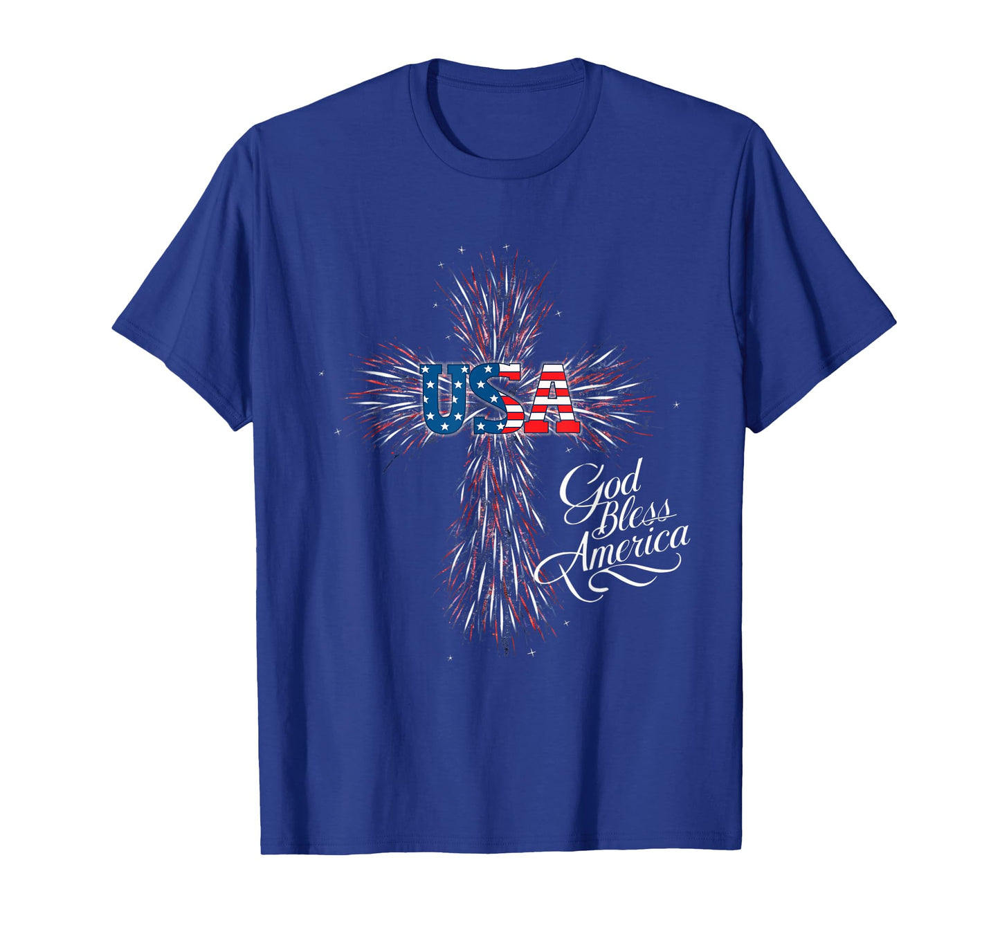 USA God Bless America Patriotic Fireworks Cross Women Men T-Shirt