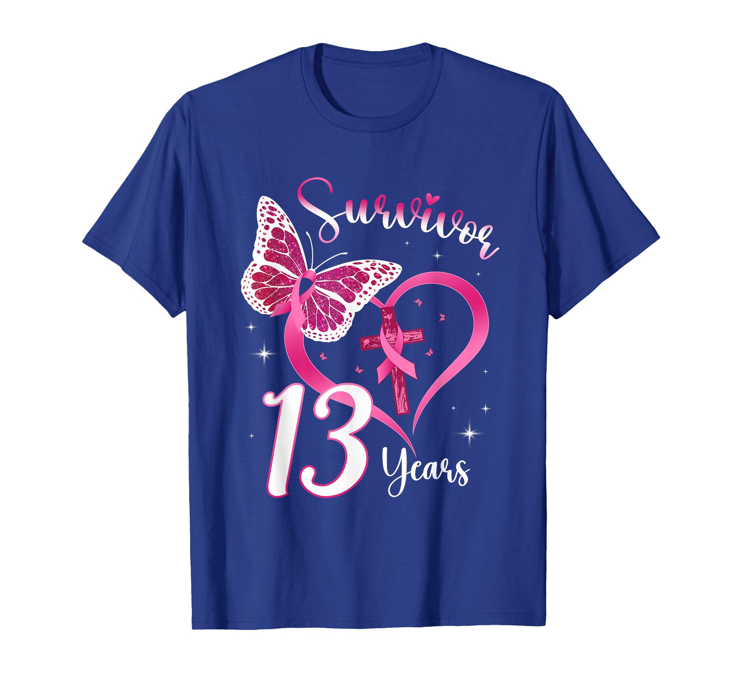 Breast Cancer Survivor Pink Ribbon Butterfly 13 Years Gift T-Shirt