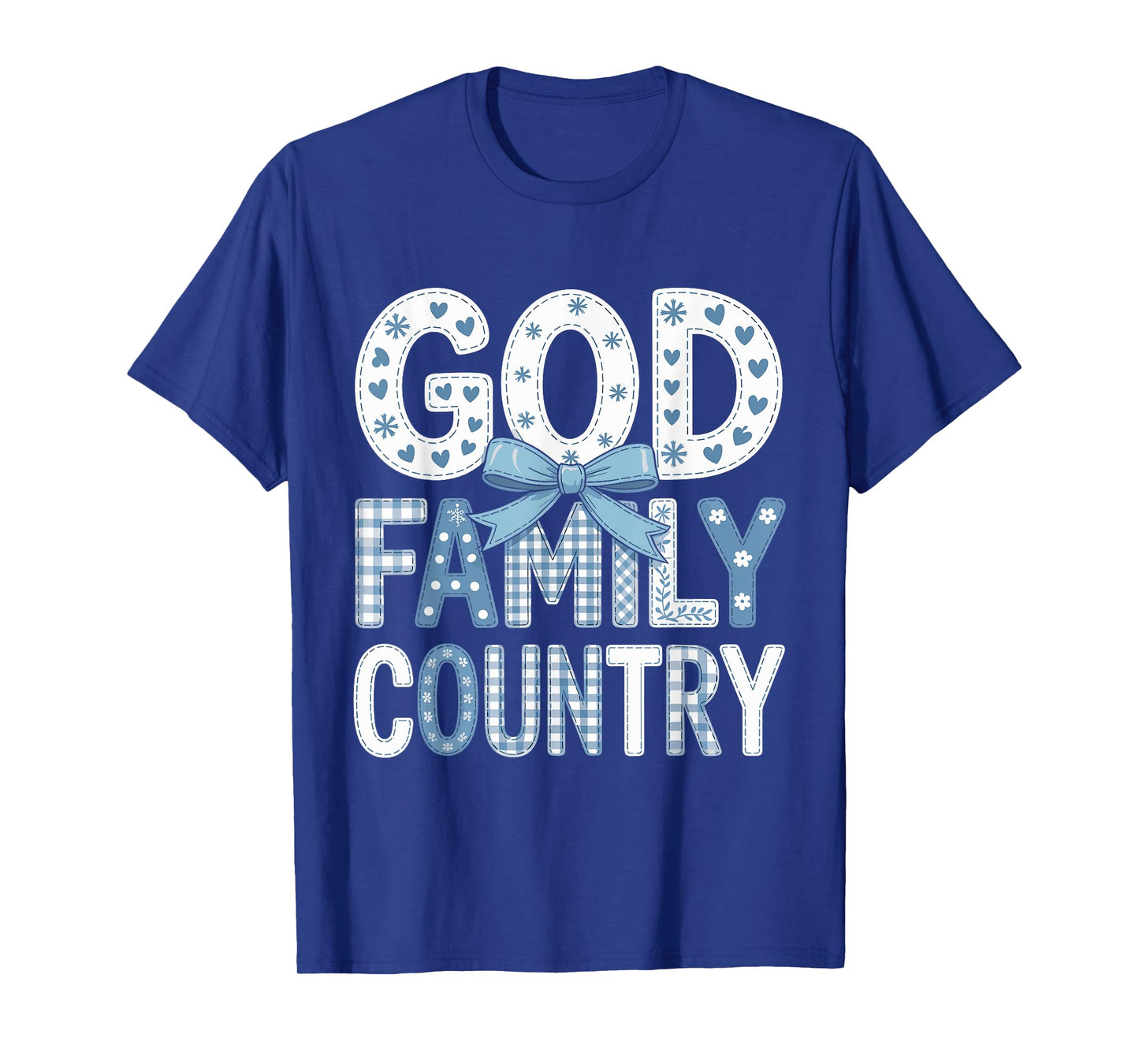 God Family Country - Patriotic Coquette Toile Blue Bow T-Shirt
