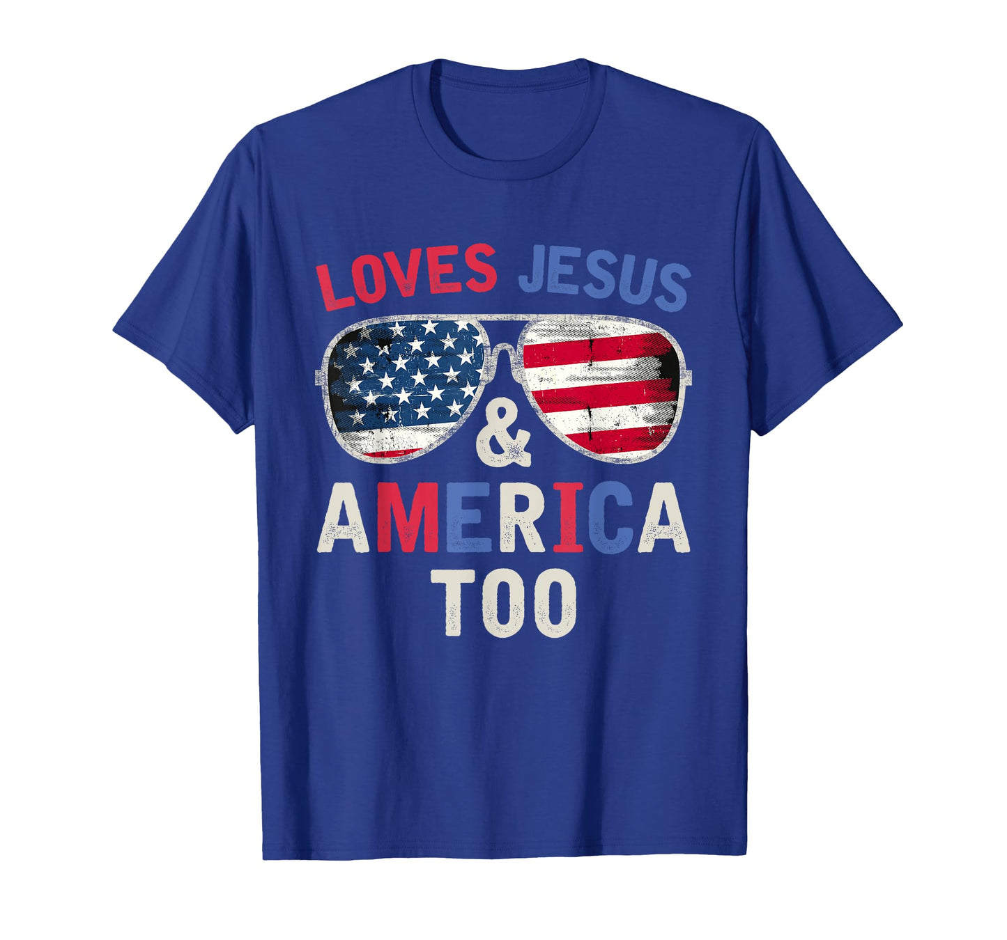 Loves Jesus and America Too Retro God Christian 4th of July T-Shirt