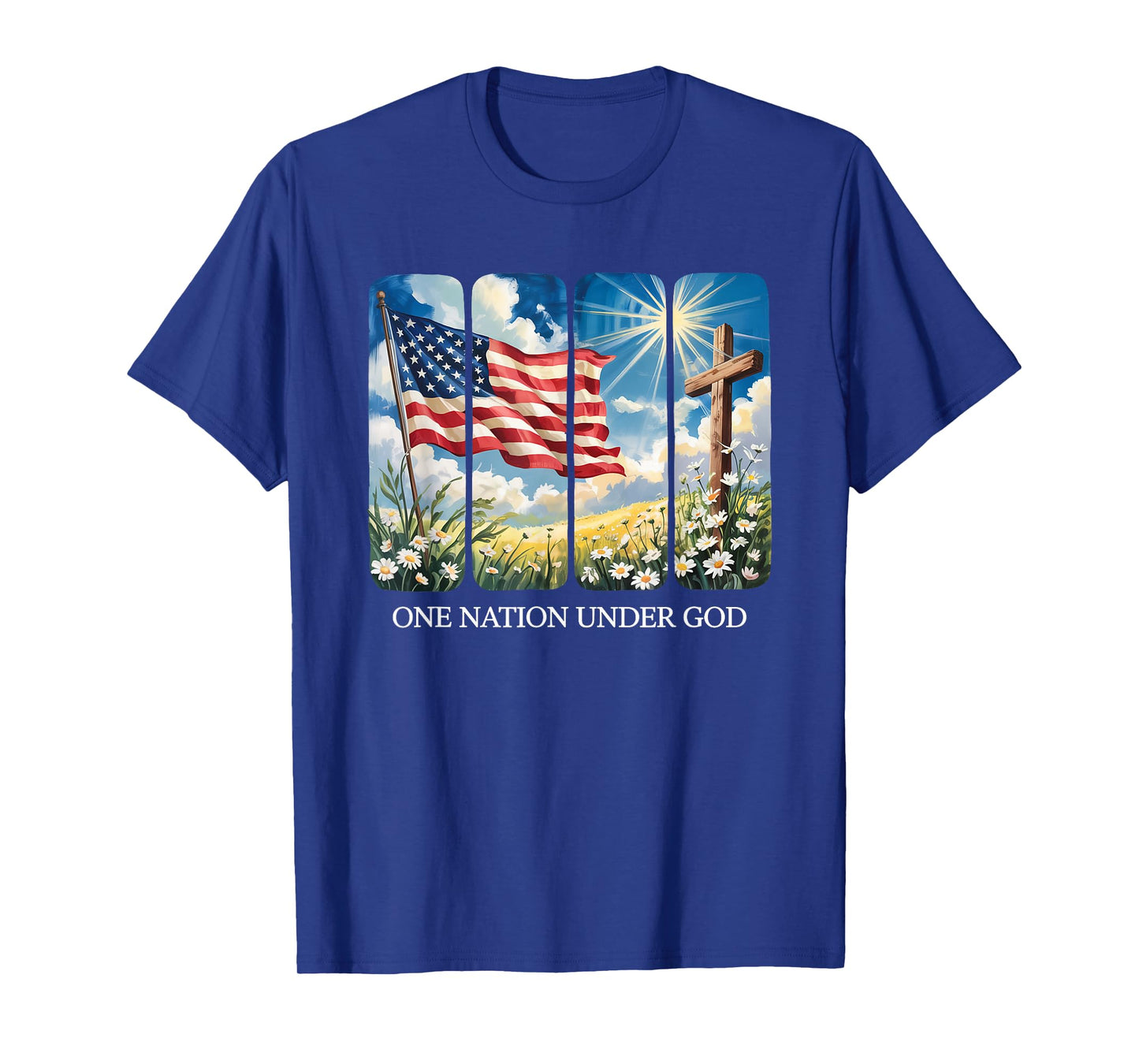 One Nation Under God USA Flag Cross Floral Christian Women T-Shirt