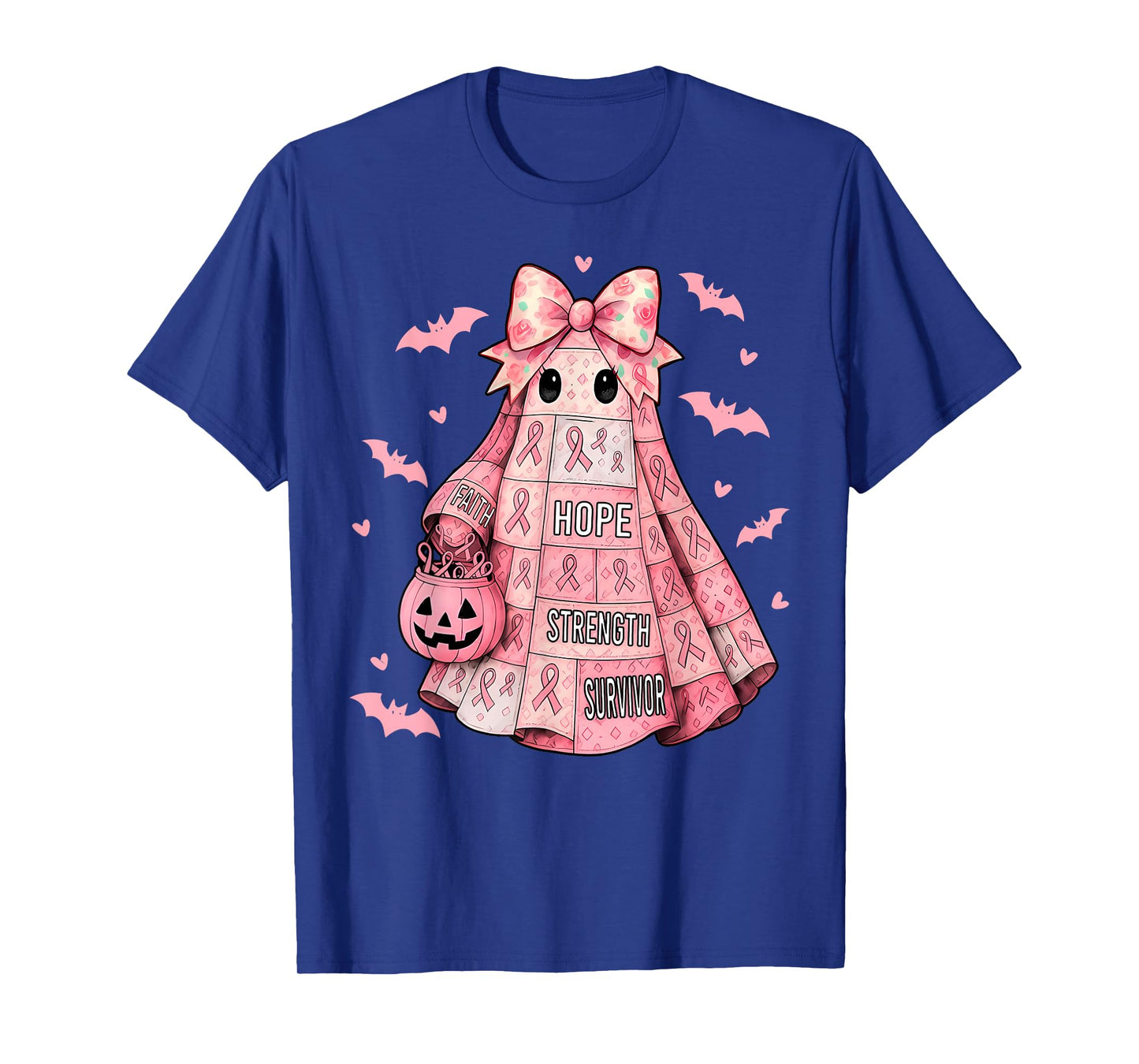 Pink Ribbon Patchwork Ghost Halloween Spooky Breast Cancer T-Shirt