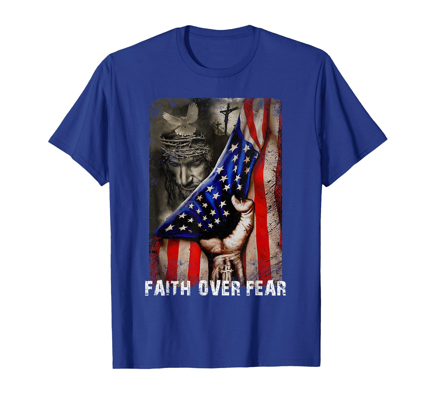 Vintage Faith Over Fear God Jesus Christian Flag 4th Of July T-Shirt for Women Kids Men
