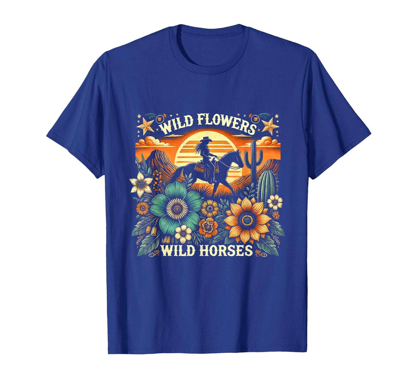Sunset Cowgirl Riding Horse Wild Flowers - Wild Horses T-Shirt