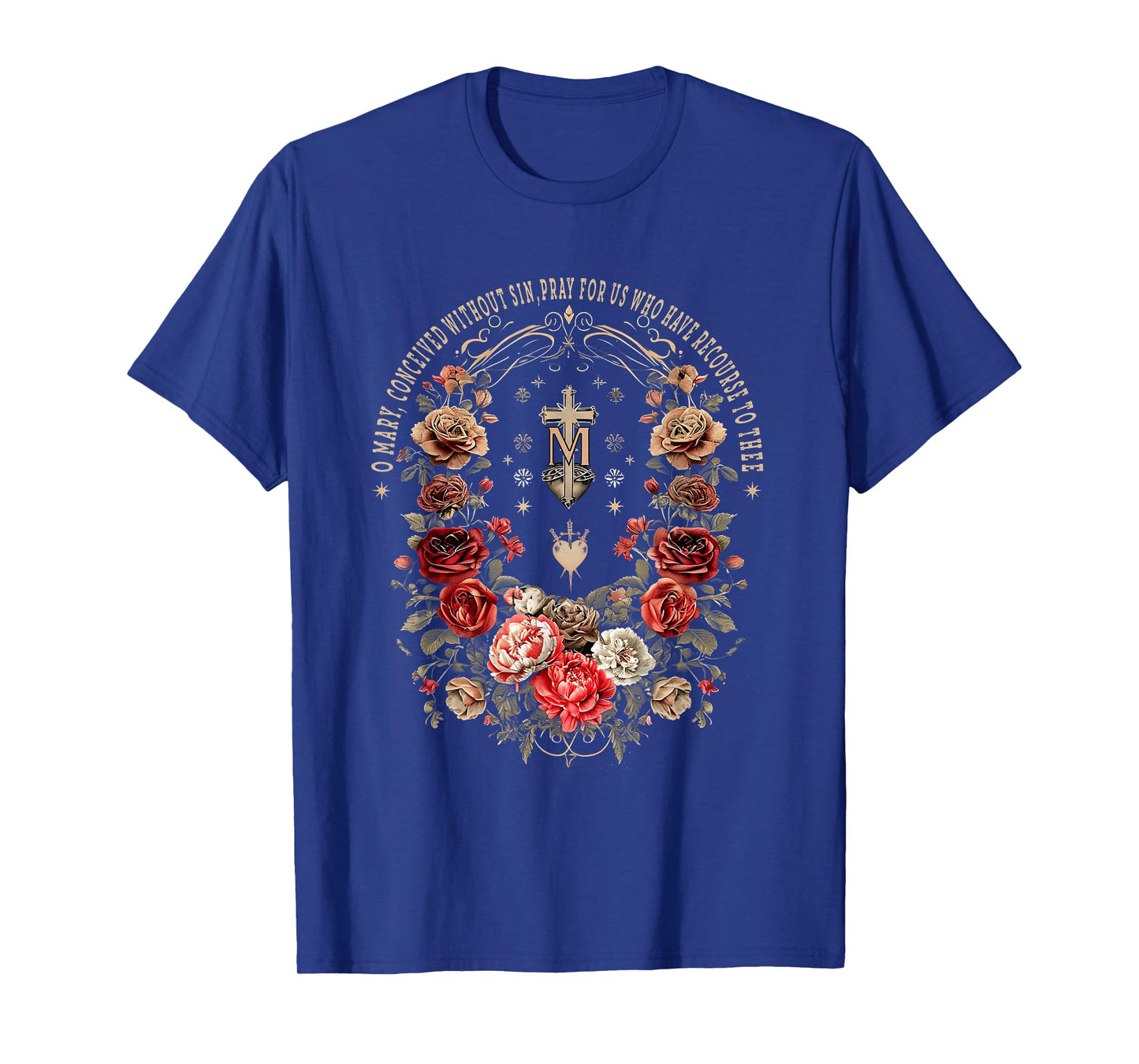 Marian Catholic Virgin Mary Marian Floral Cross Religious T-Shirt