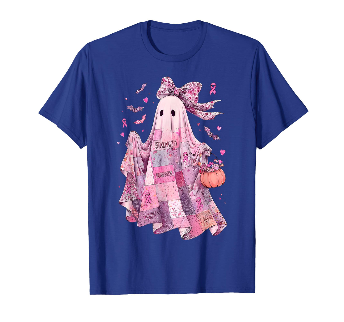 Breast Cancer Awareness Ghost, Pink Ribbon Patchwork Ghost T-Shirt