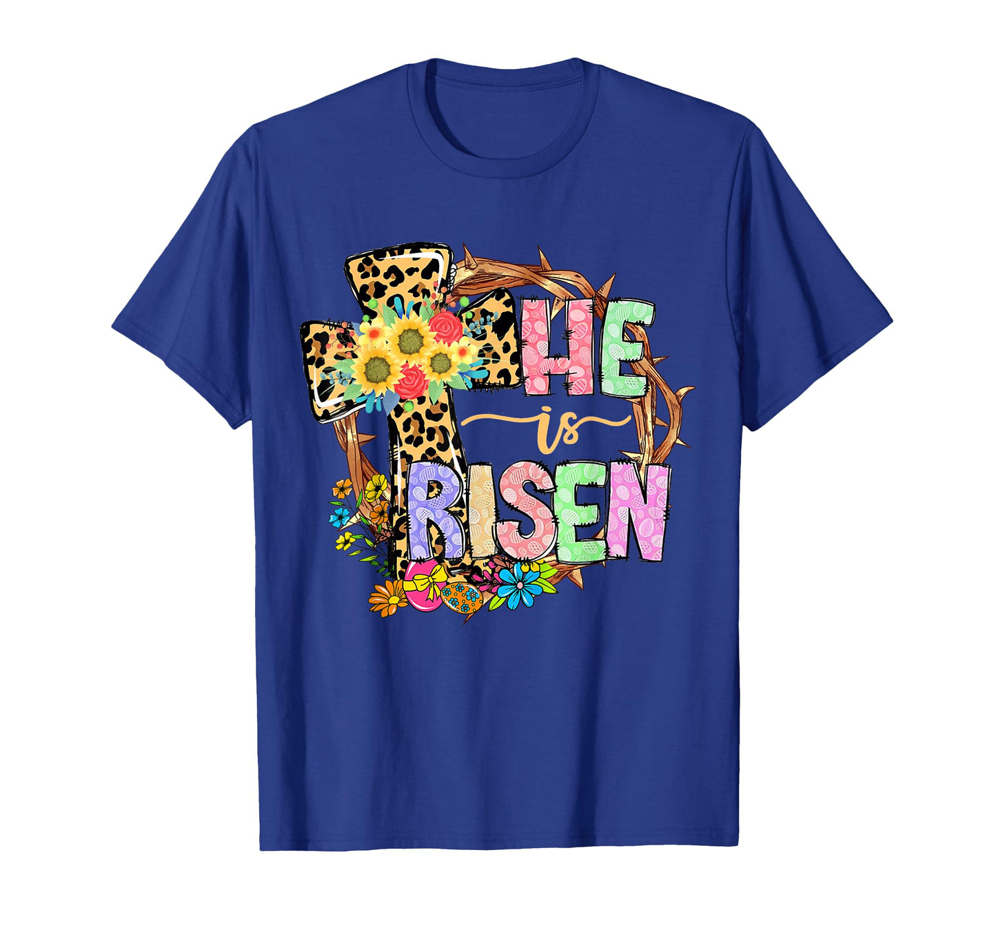 He Is Risen Floral Jesus Easter Day Christians Leopard Cross T-Shirt