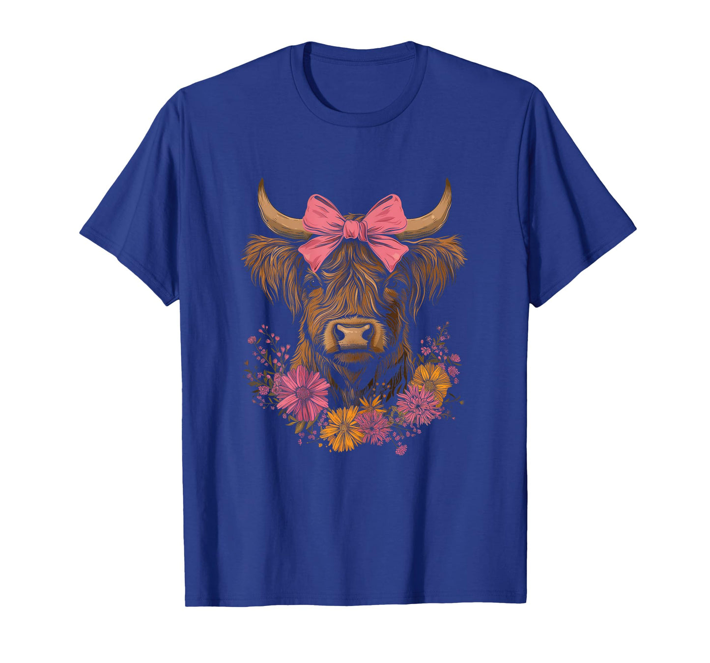Highland Cow Pink Bow Flowers Girls Cute Farming Farm Farmer T-Shirt