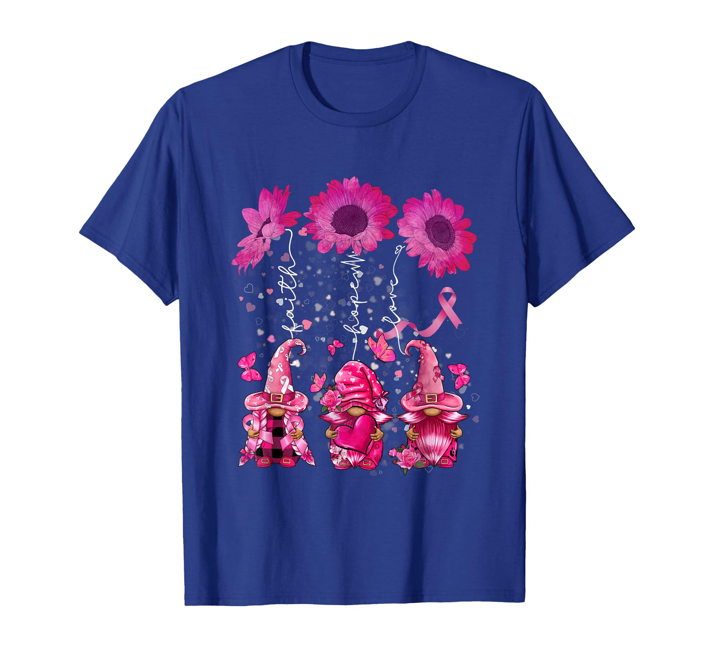Faith Hope Love Gnome Ribbon Breast Cancer Awareness Flower T-Shirt