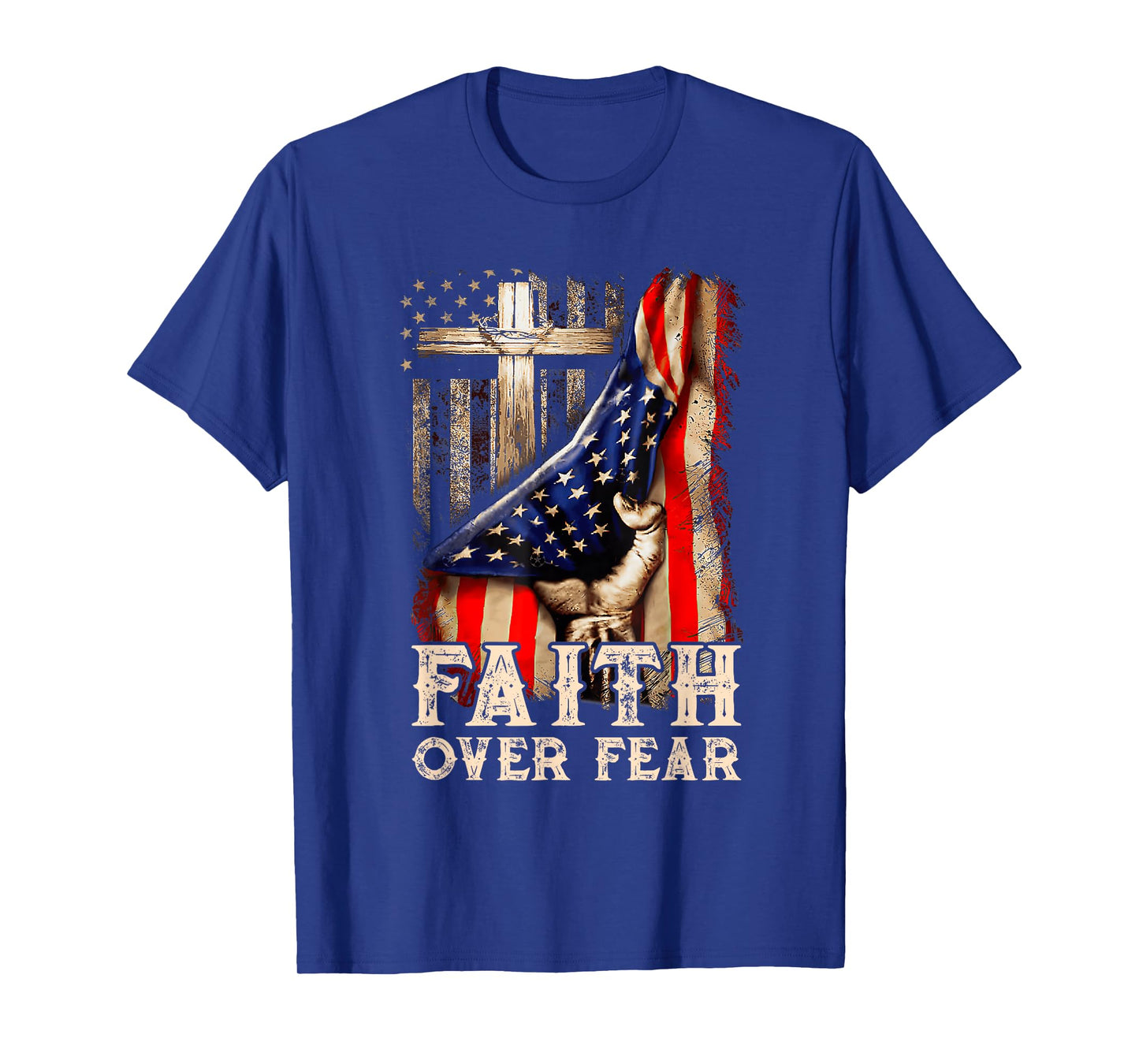 Christian US USA Flag American Christ Faith Over Fear Cross T-Shirt